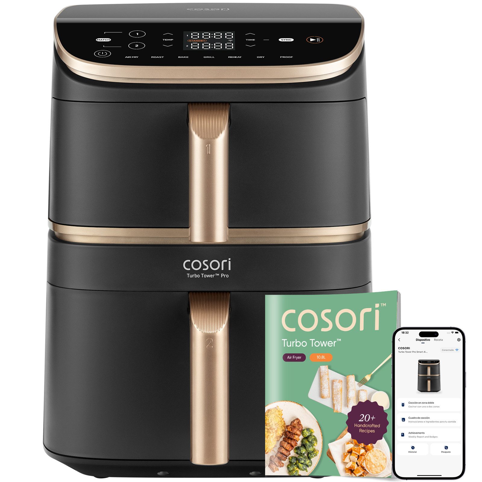 Heißluftfritteuse Cosori Turbo Tower Pro Smart CAF-DC123S, vertikaler Doppelkammer, Keramik-Körbe