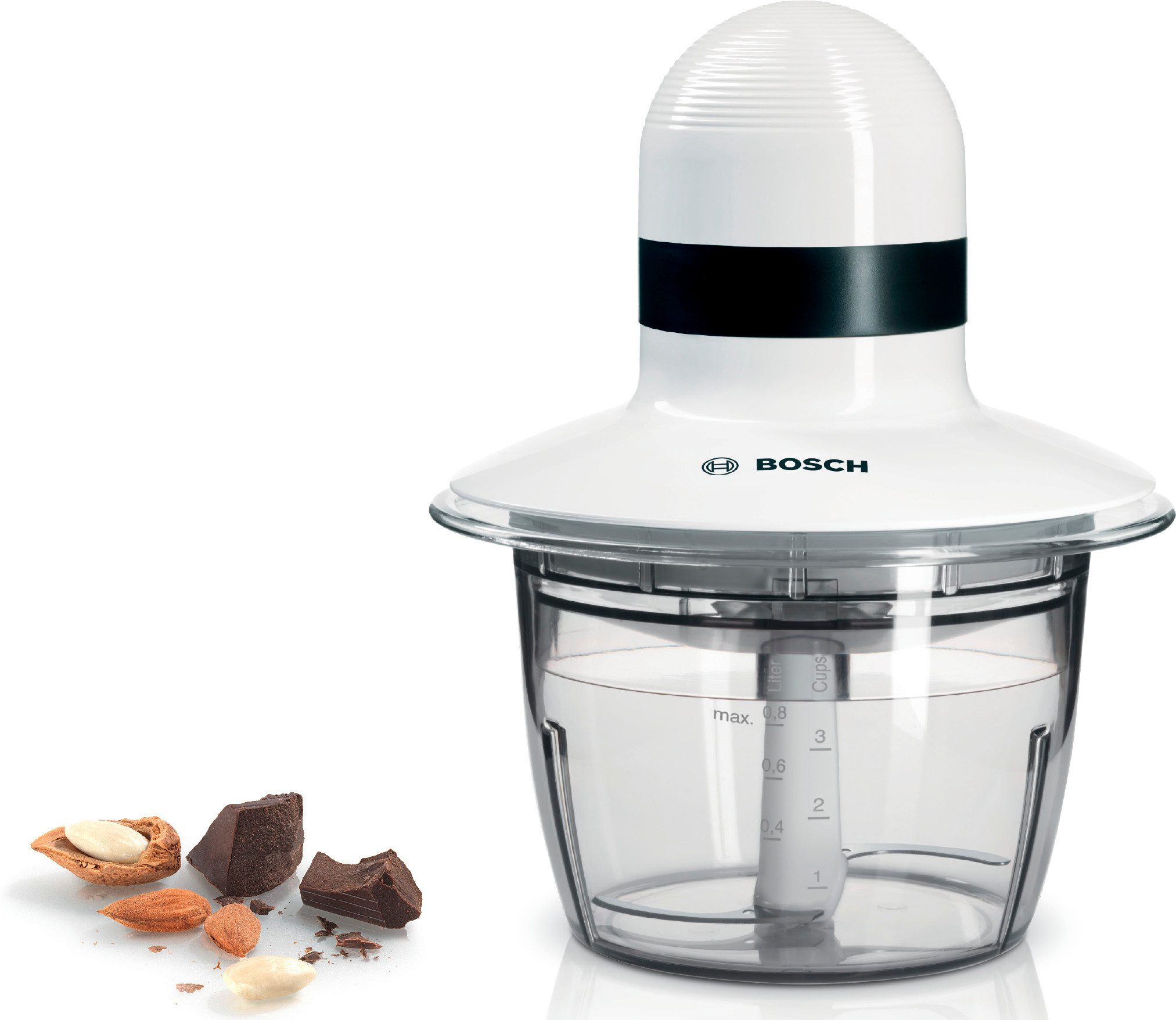 BOSCH Zerkleinerer MMR08A1, 800ml Behälter, Schlagscheibe, Edelstahl-Messer, weiß, 400 W, Behälter mikrowellengeeignet, Einhand-Bedienung