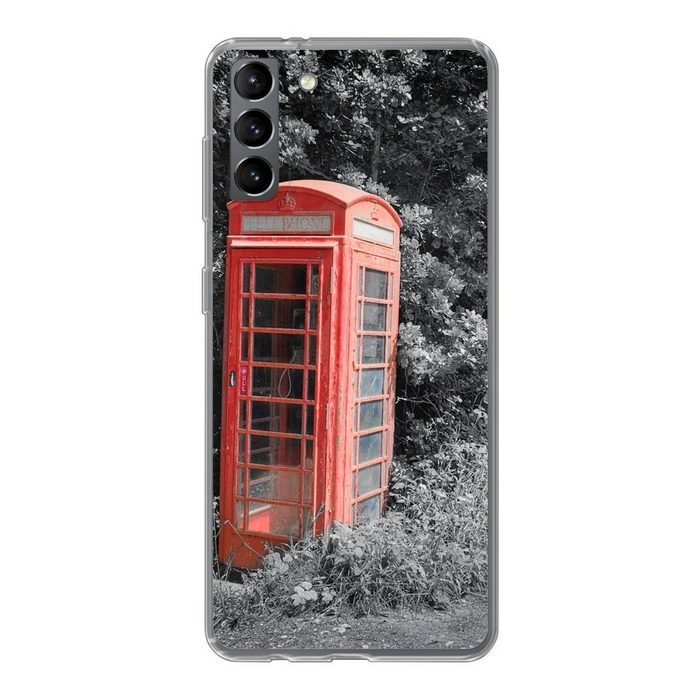 MuchoWow Handyhülle Schwarz-Weiß-Foto einer roten und britischen Telefonzelle im Phone Case Handyhülle Samsung Galaxy S21 Plus Silikon Schutzhülle