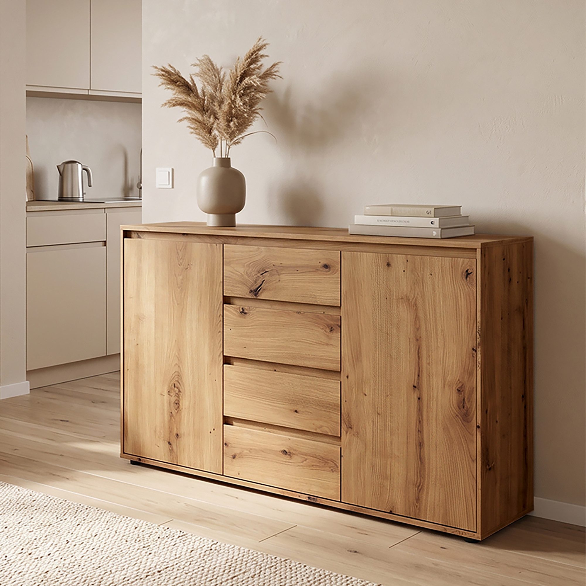 Lomadox Sideboard ZOLLINO-129, in Eiche, 137 cm breit mit 2 Türen & 4 Schubladen