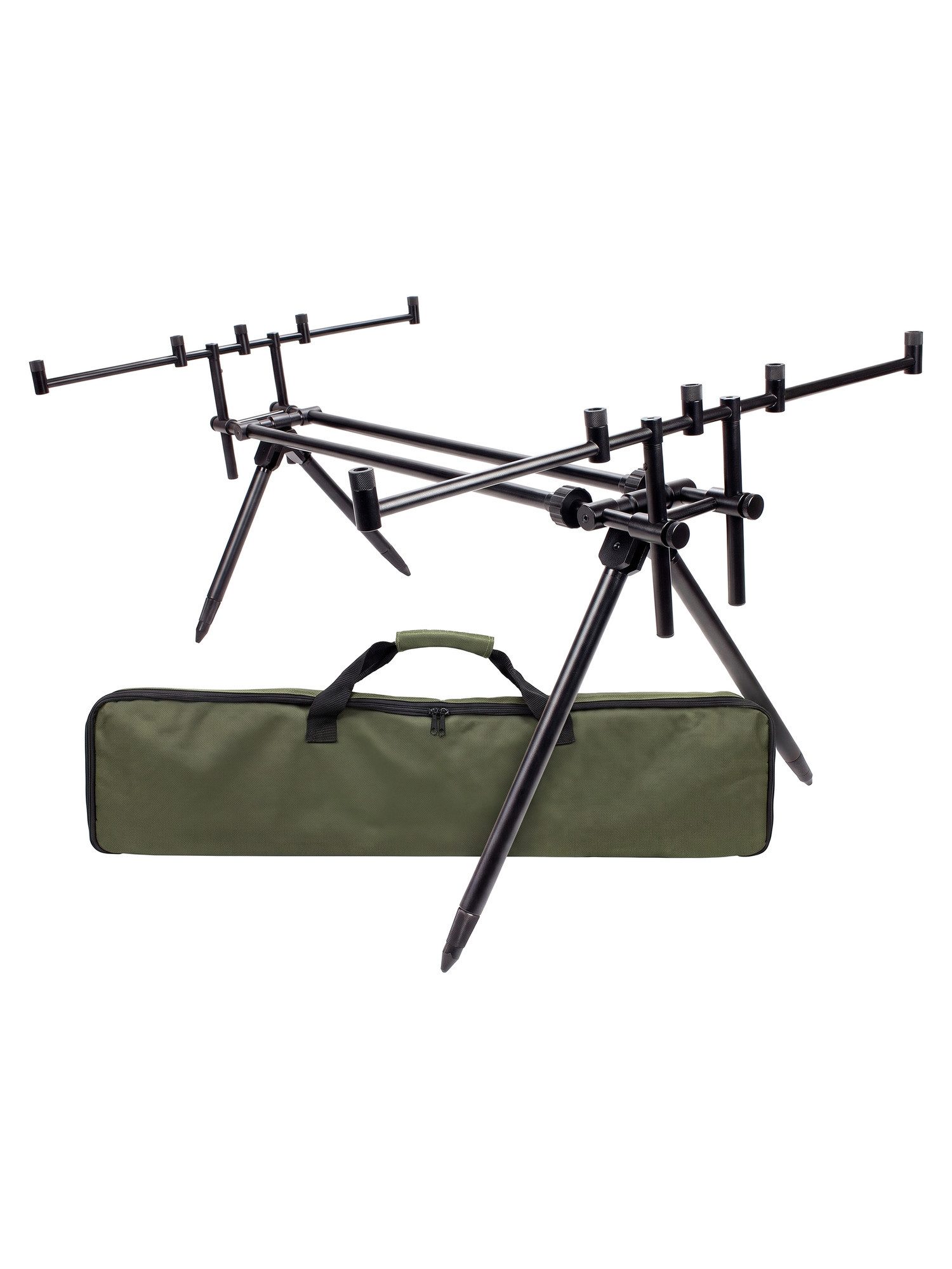 Black Snake Rutenhalter Rod Pod Aluminium mit Buzzer Bars für 5 Angelruten zum Karpfenangeln, (Set, 2-tlg., inkl. Tragetasche, Vier Teleskopbeine und Länge stufenlos verstellbar von 90 bis 140 cm)