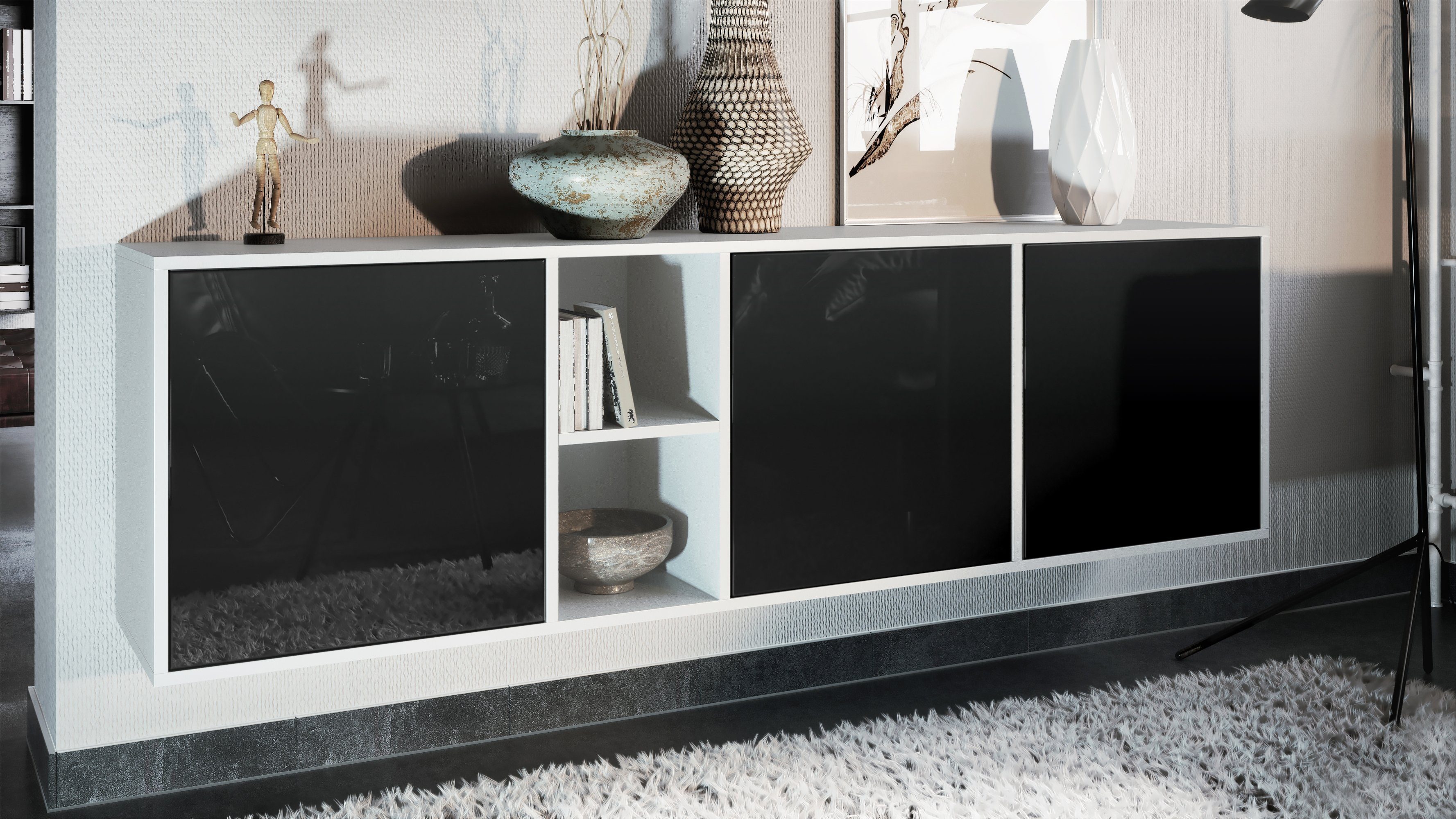 Vladon Sideboard Cuba (Kommode, mit 3 Türen und 2 offene Fächer), Weiß matt/Schwarz Hochglanz (182 x 53 x 35 cm)