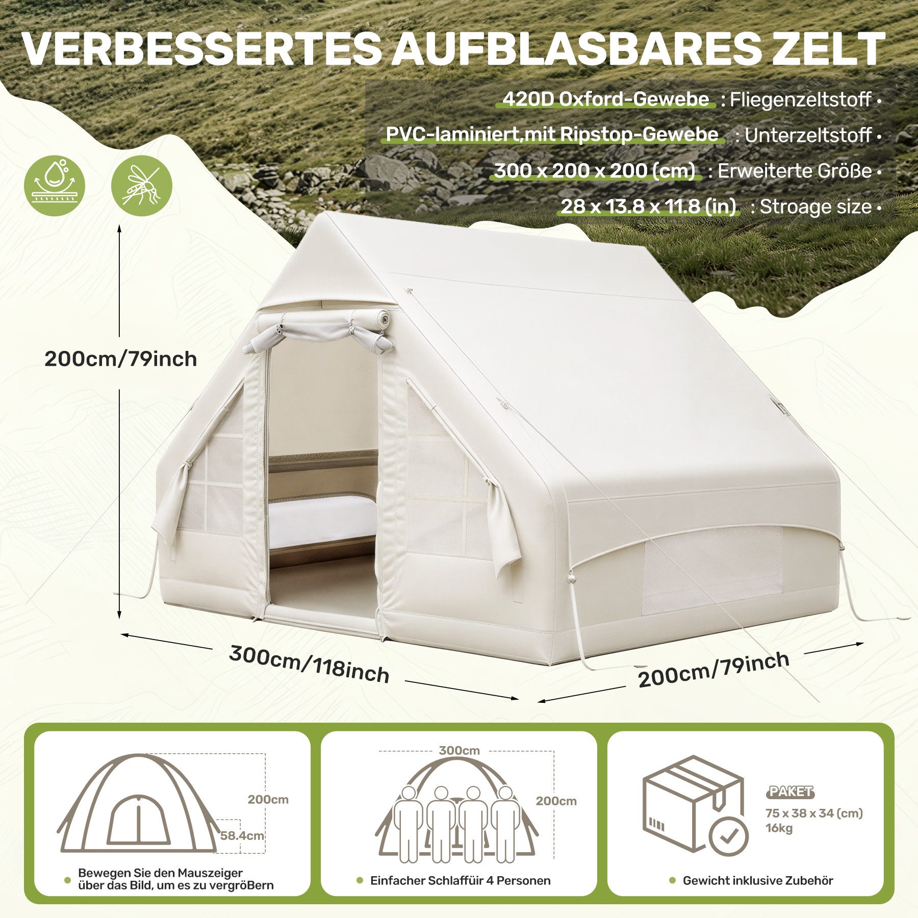 HawthyHome aufblasbares Zelt 3x2m mit Luftpumpe 2-6 Personen Luftzelt Wasserdicht & Schneller, Weiß, Schnelle Aufblasung, Wasserdicht & Sonnenschutz für Jedes Wetter