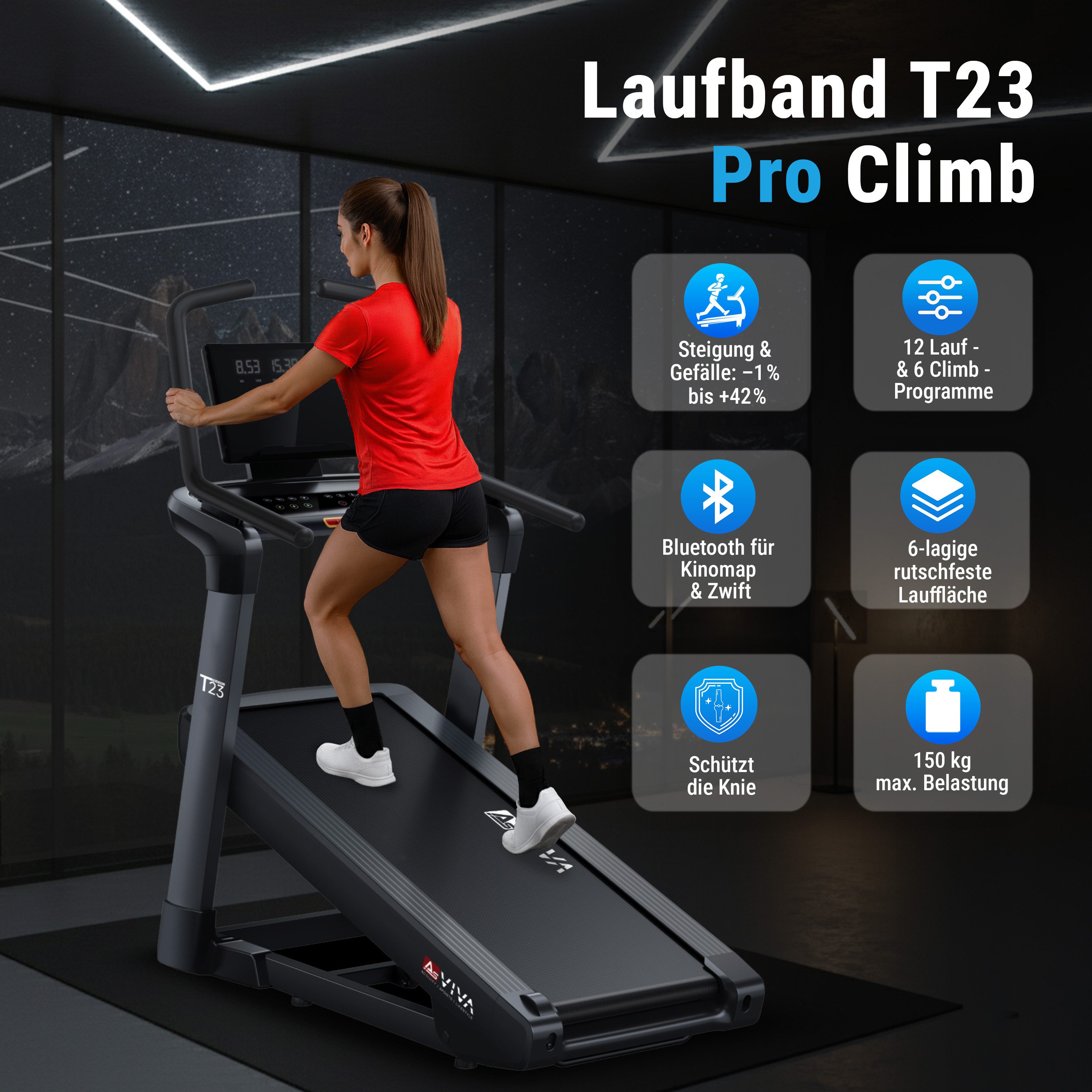 AsVIVA Laufband T23 Pro Climb, bis 42 % Steigung, 7 PS Motor, 18,8 km/h, USB, Bluetooth