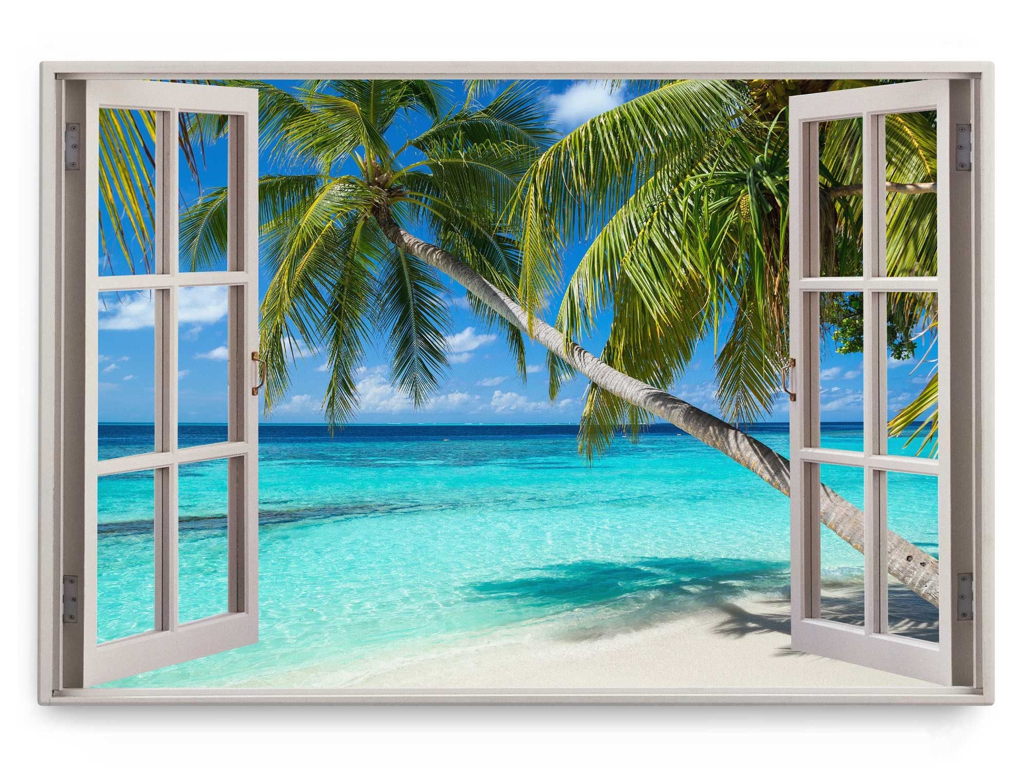 Sinus Art Leinwandbild Wandbild 120x80cm Fensterbild Traumstrand Sommer Meer Türkis Palmen Sü, (1 St)