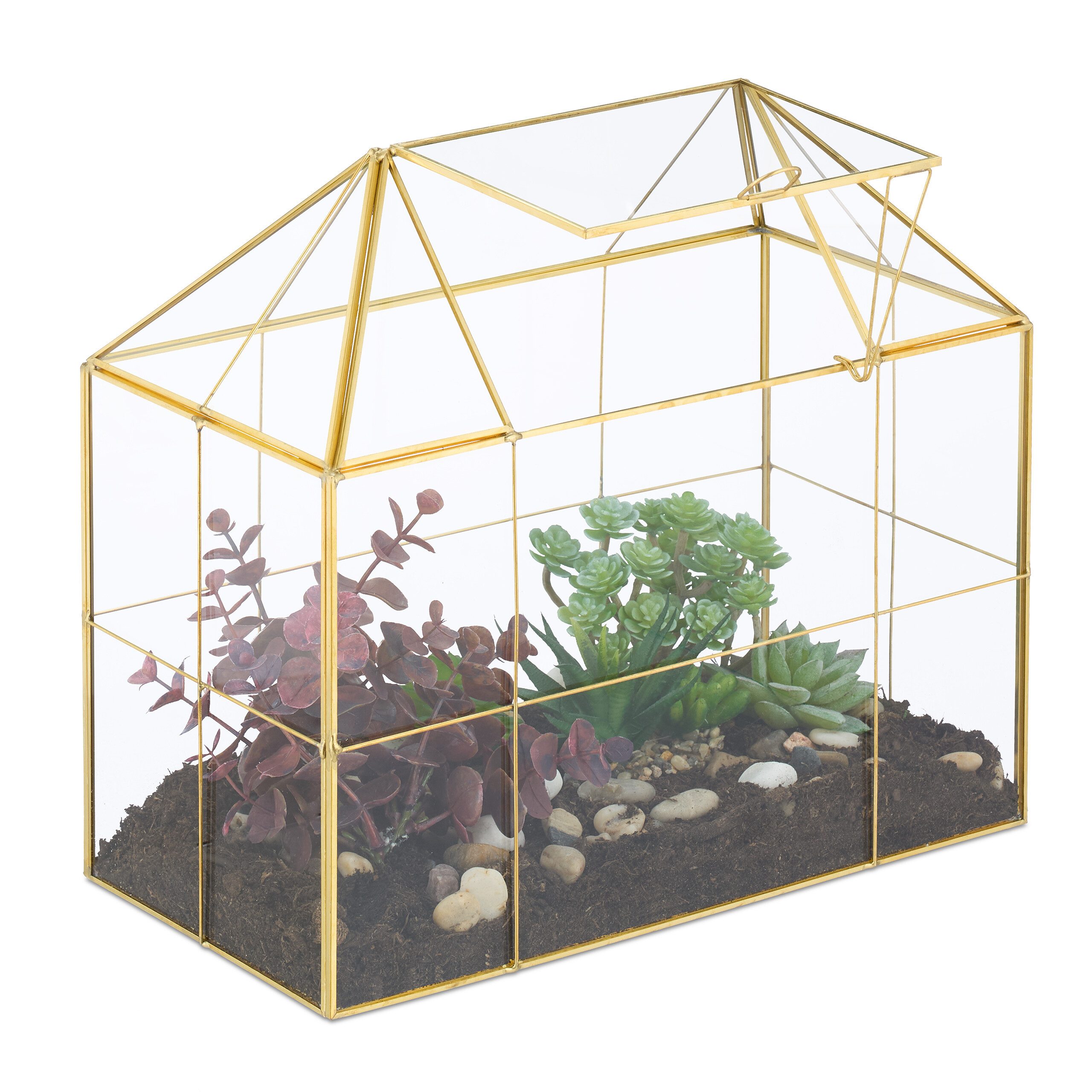 relaxdays Gewächshaus Großes Pflanzenterrarium Glas Hausform, gold günstig online kaufen