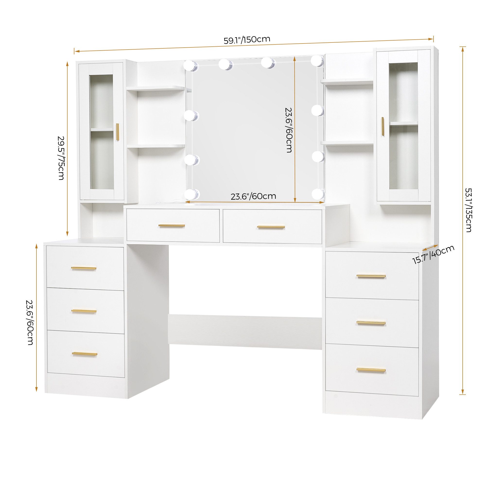 BEWISHOME Schminktisch 150x40x135 cm, 8 Schubladen, LED-Beleuchtung (1-St), mit Steckdose, USB-Anschlüssen & geräumigem Stauraum