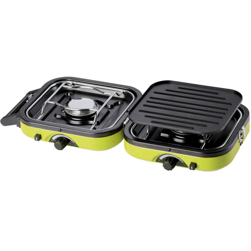 PrimeVal Gaskocher Doppelbrenner Grillkocher, (Spar-Set, 1-St., 51 x 22 x 10 cm kompakt), Klappbar, Piezozündung, 2 Brenner, Grillplatte