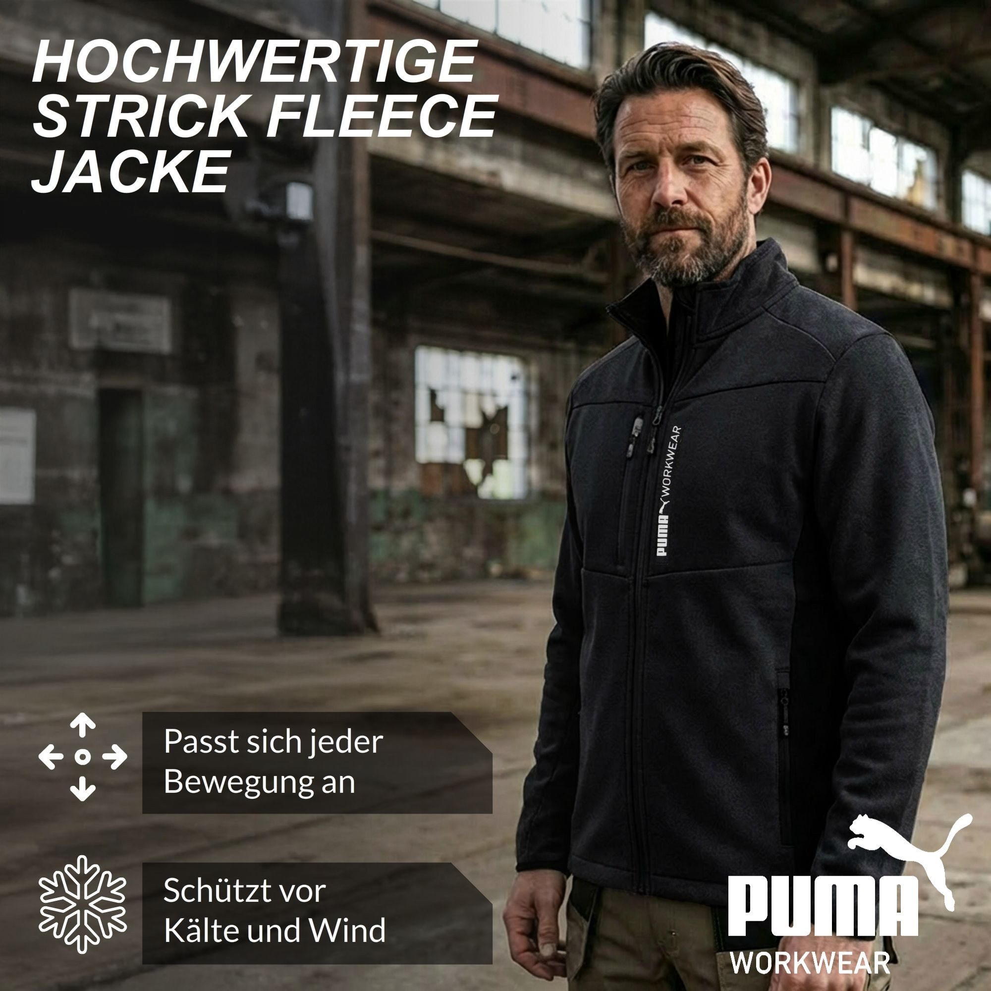 PUMA Workwear Fleecejacke Strickfleecejacke mit Stehkragen, verlängertes Rückenteil – Bild 2 von 5