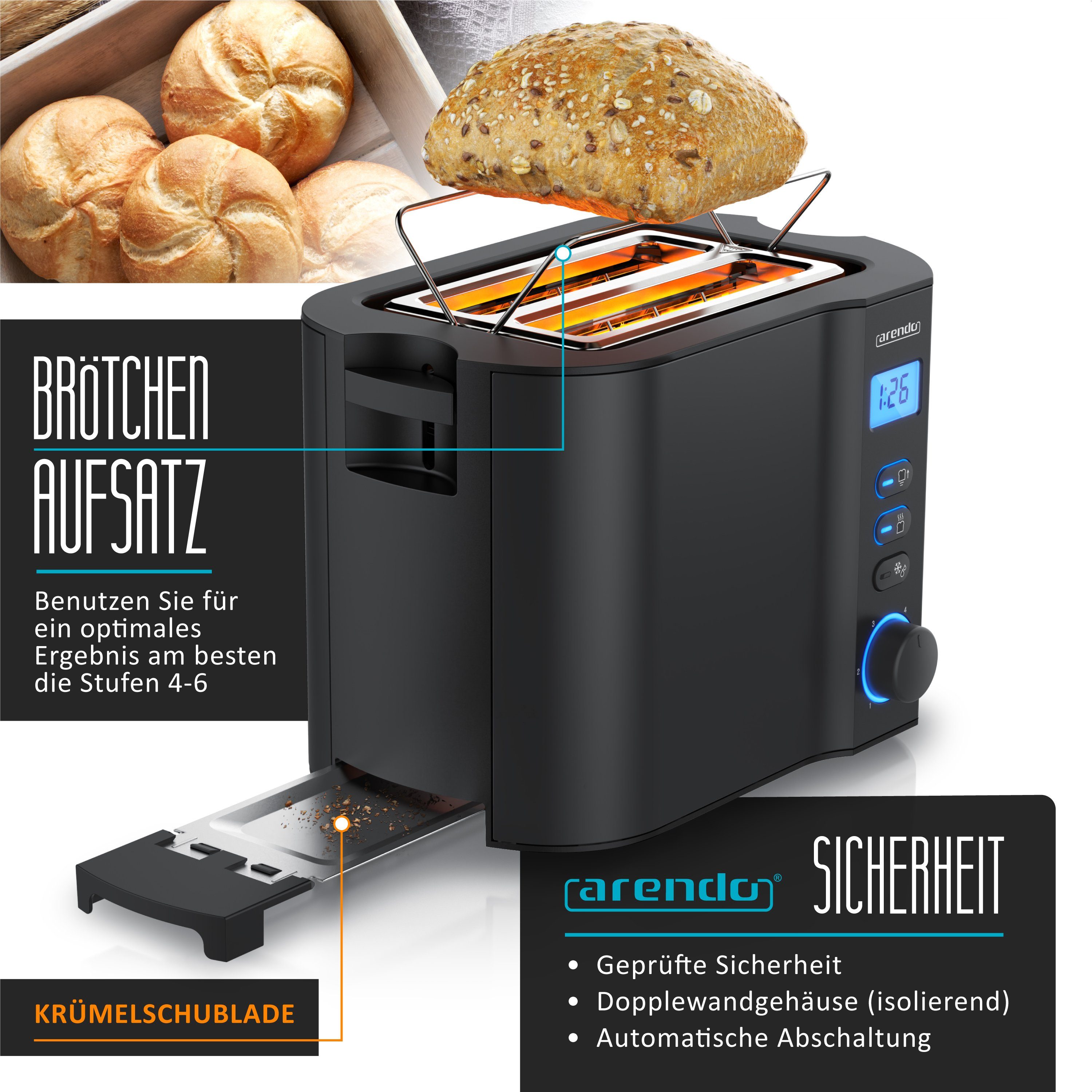Arendo Toaster Edelstahl, 2 Scheiben Kurz, Kurzschlitz, Display, Restzeitanzeige, 2 kurze Schlitze, für 2 Scheiben, 800 W, Integrierter Brötchenaufsatz, Doppelwandgehäuse Wärmeisoliert