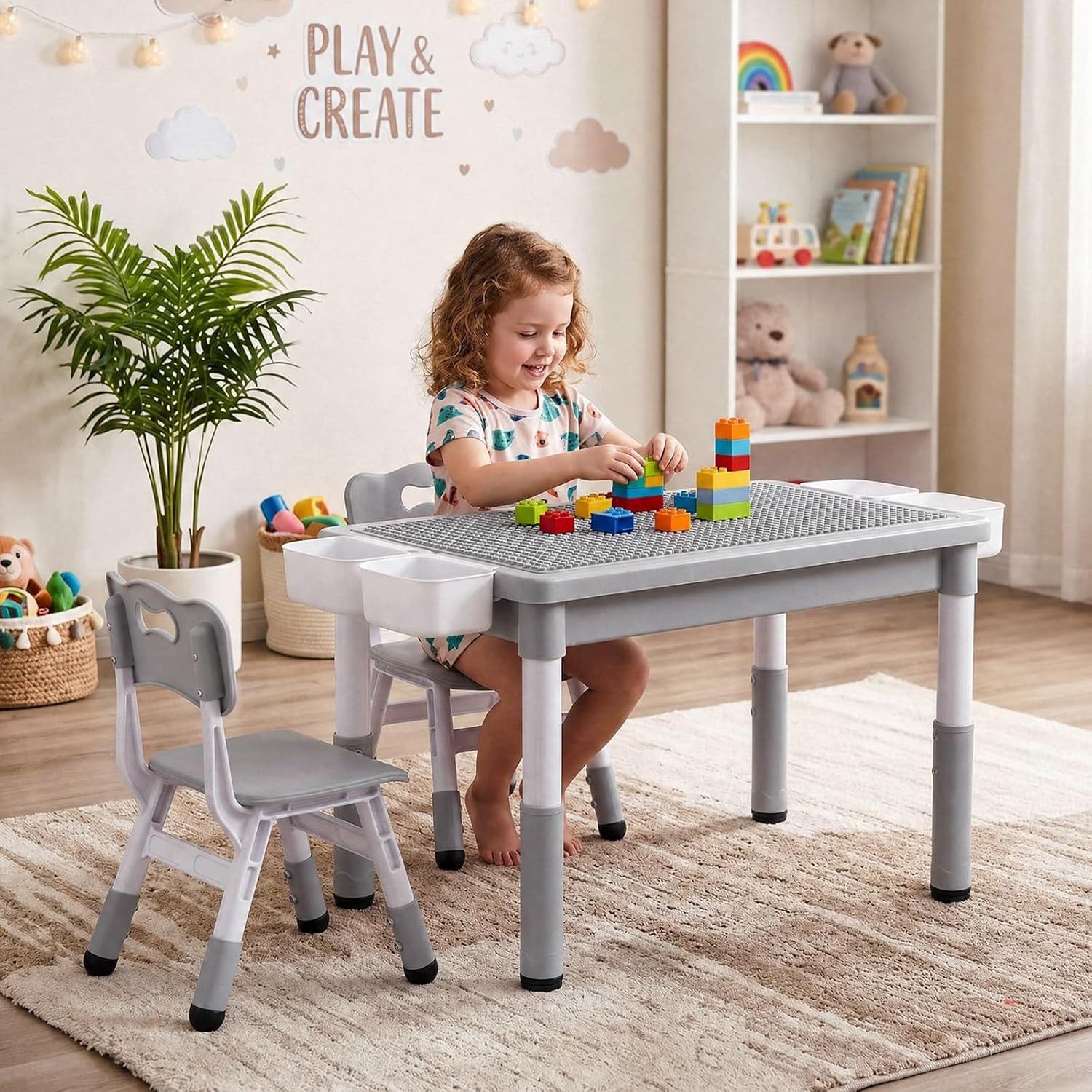 TLGREEN Kindertisch 3-teiliges Kindertisch Set mit 2 Stühlen (höhenverstellbarer Aktivitätstisch mit wendbarer Tischplatte, Bausteintisch kompatibel mit Klemmbausteinen & Whiteboard), viel Stauraum, Kindersitzgruppe Spieltisch für Kinderzimmer Kita
