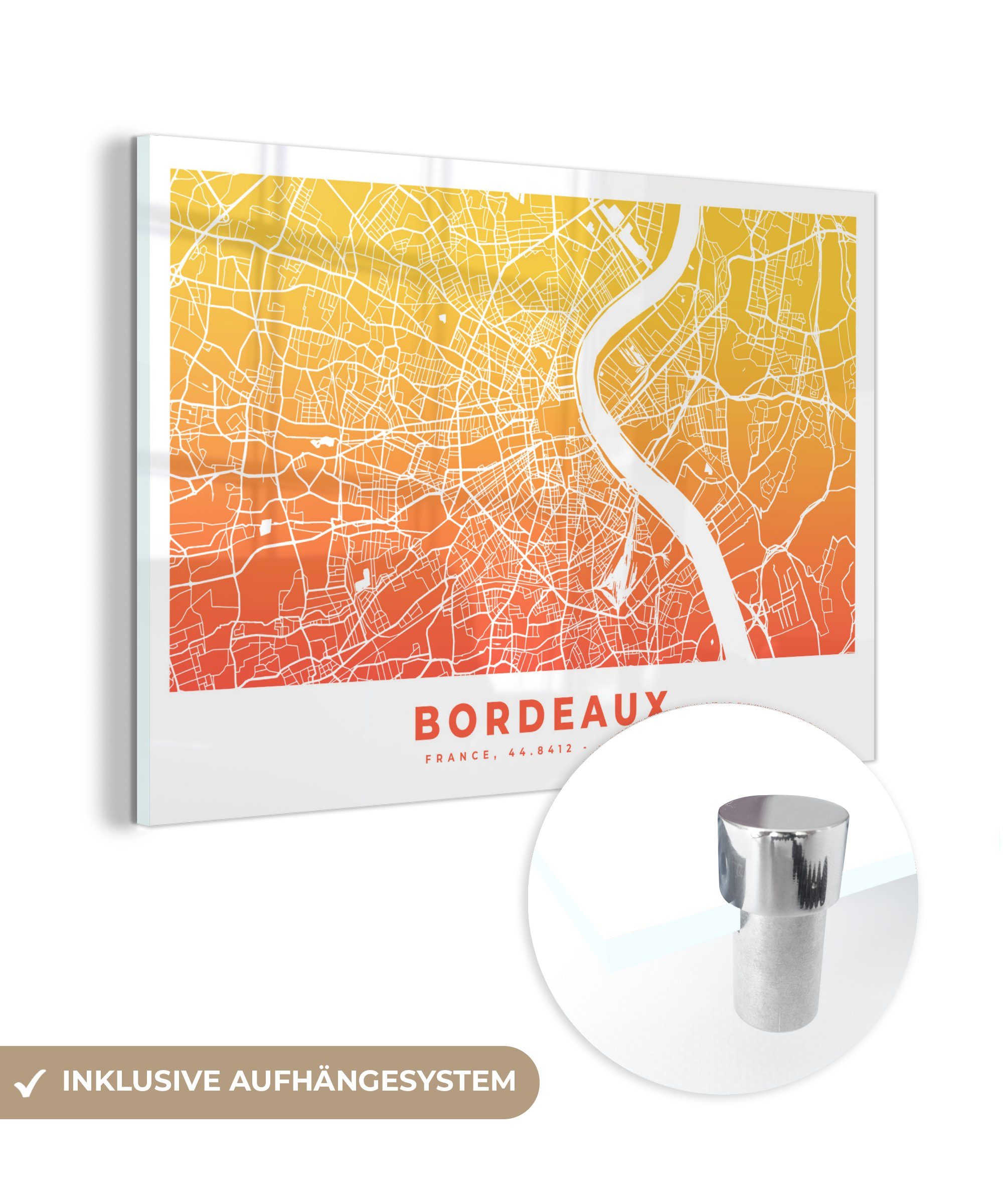 MuchoWow Acrylglasbild Bordeaux - Frankreich - Stadtplan, (1 St), Acrylglasbilder Wohnzimmer & Schlafzimmer