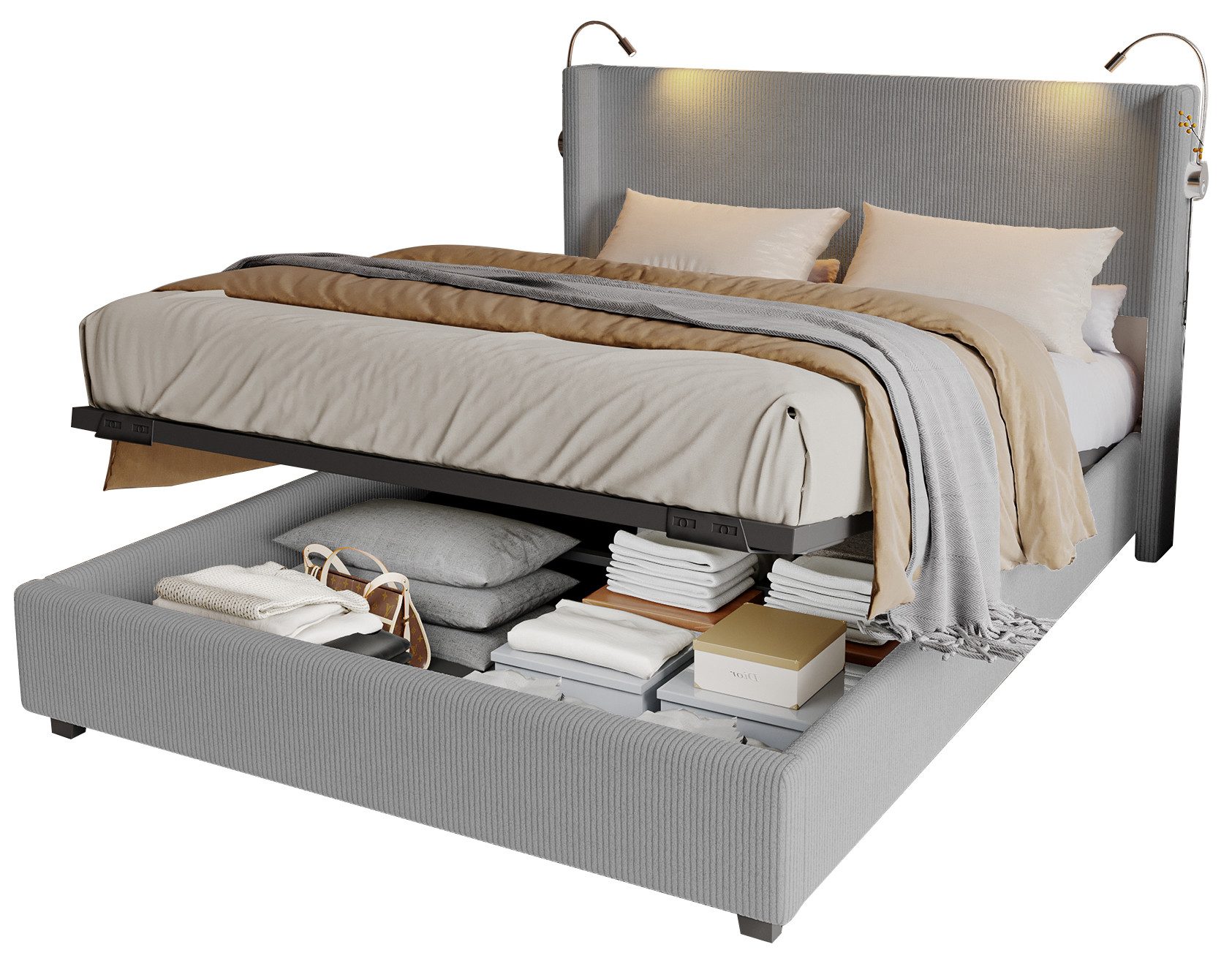 FUROKOY Polsterbett Doppelbett Stauraumbett Hydraulisch anhebbarer günstig online kaufen
