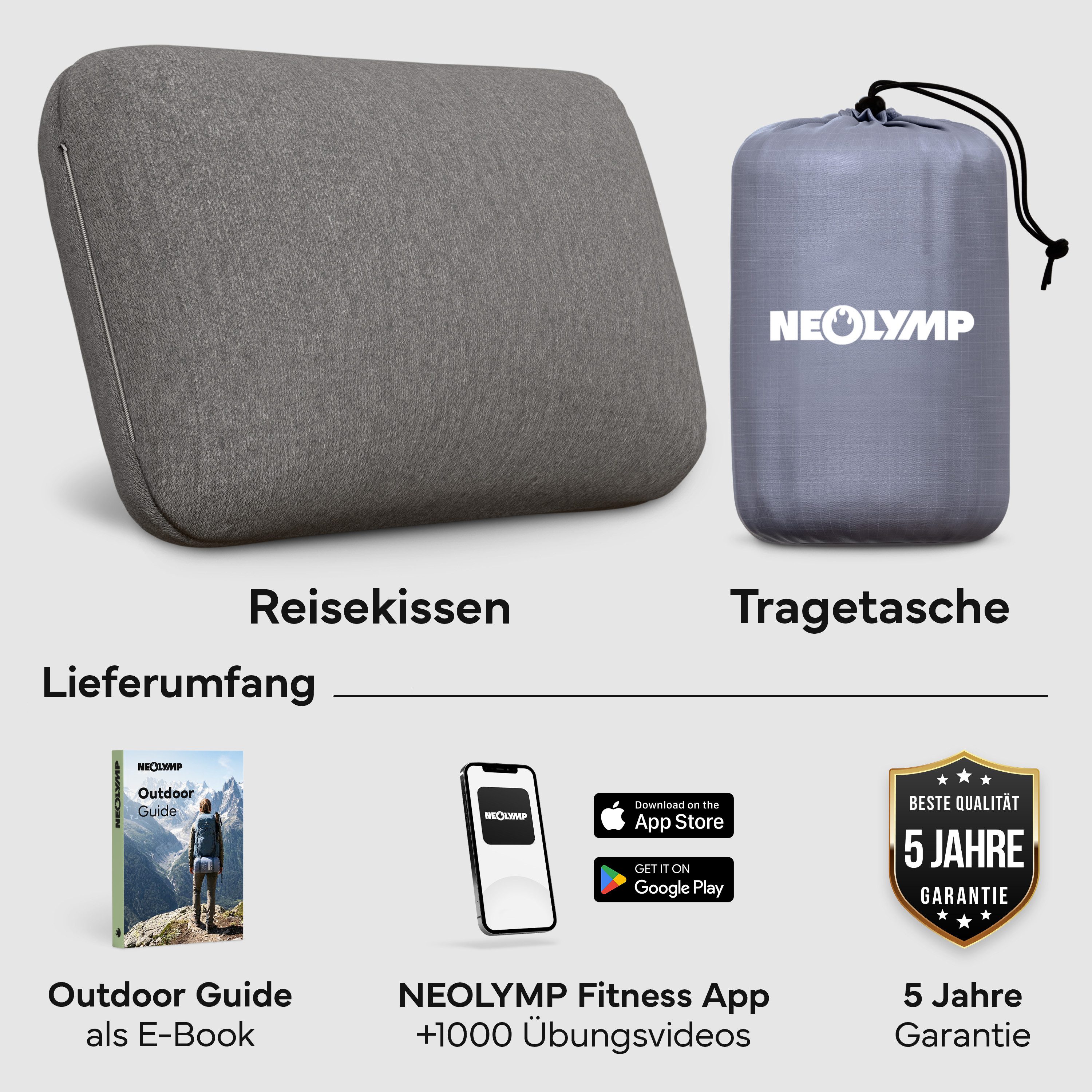 NEOLYMP Reisekissen Reisekissen Memory Foam 50x30x10 cm - kompaktes ergonomisches Kissen, Flugzeug Kissen fürs Reiseformat - Reise Essentials, Camping Kissen atmungsaktiv & waschbar mit Tragetasche