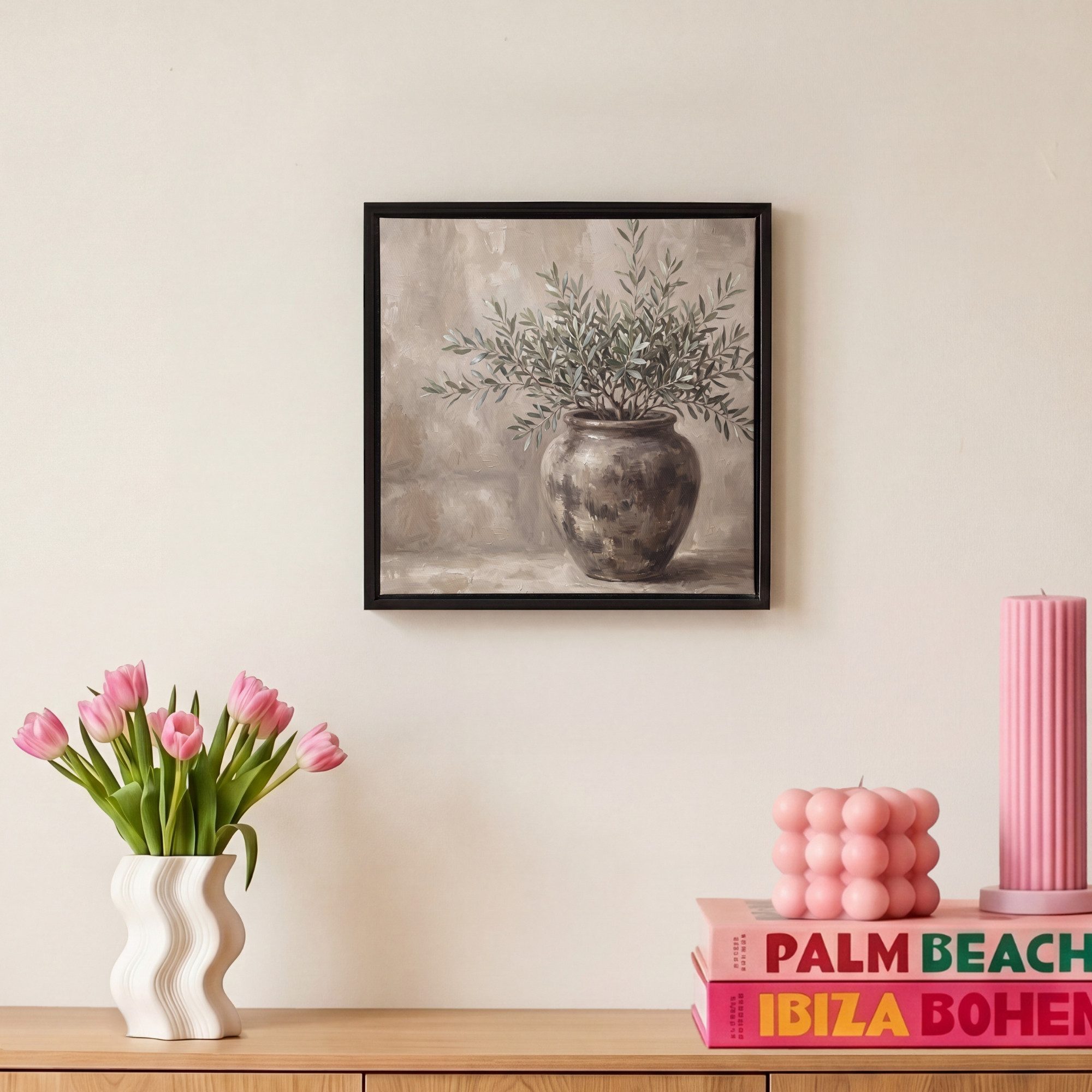 OneMillionCanvasses® Leinwandbild mit Rahmen - Olivenpflanze - Tontopf - Abstrakt - Beige, Fotodruck (1 St), Leinwand Bilder Klein, Wand Dekoration Aesthetic 20 – Bild 4 von 5
