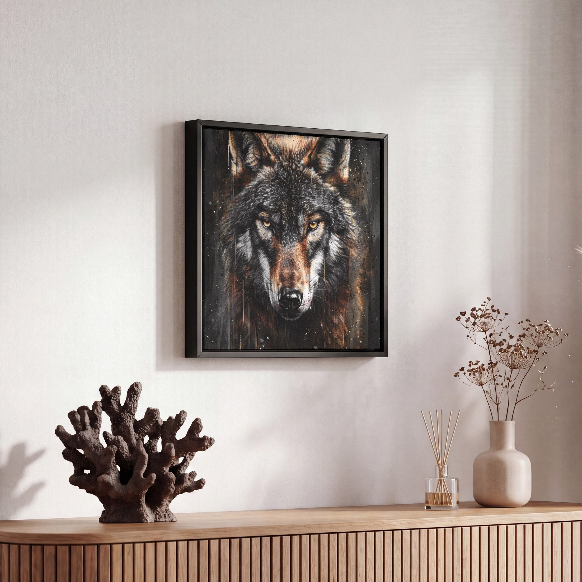 OneMillionCanvasses® Leinwandbild mit Rahmen - Tiere - Wolf - Porträt - Schwarz - Braun, Fotodruck (1 St), Leinwand Bilder Klein, Wand Dekoration Aesthetic 20x2 – Bild 5 von 5