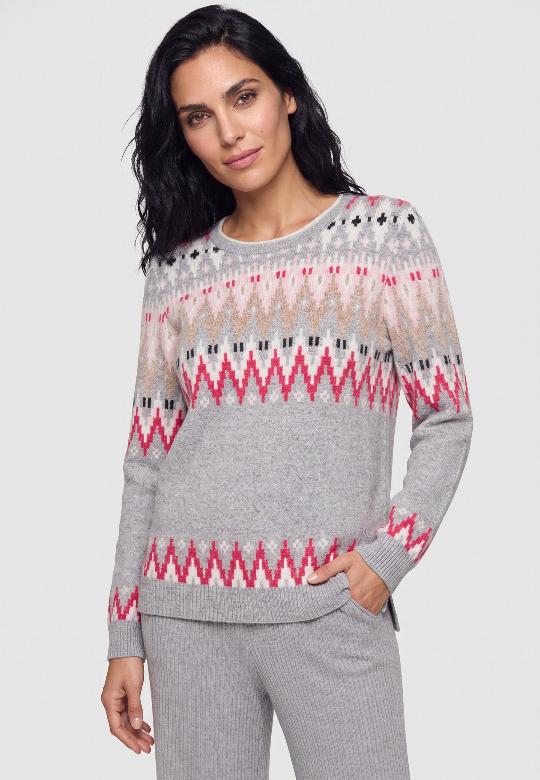 Olsen Strickpullover mit Panneaux-Dessin und Rundhalsausschnitt