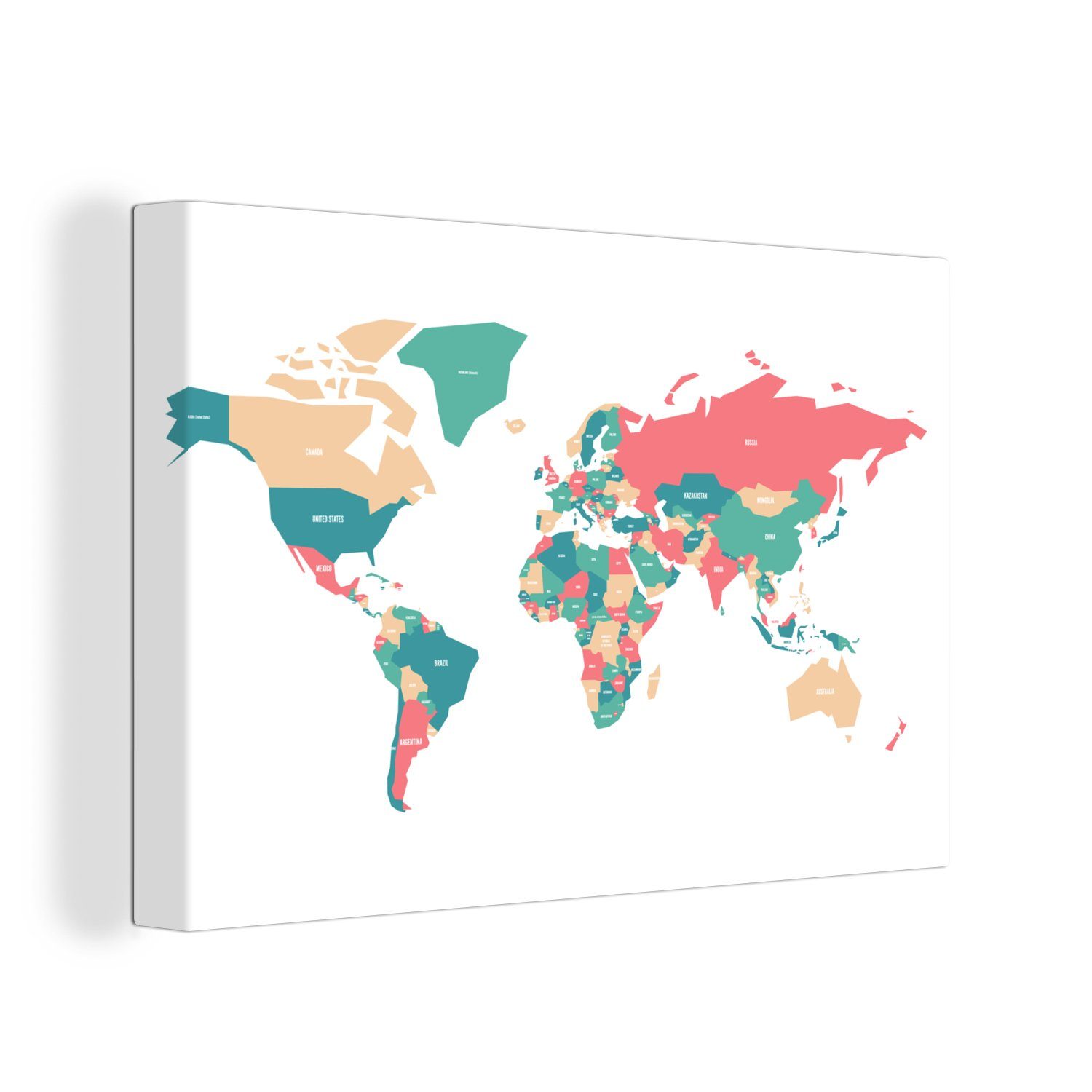 OneMillionCanvasses® Leinwandbild Weltkarte - Rosa - Blau - Einfach, (1 St), Wandbild Leinwandbilder, Aufhängefertig, Wanddeko, 30x20 cm
