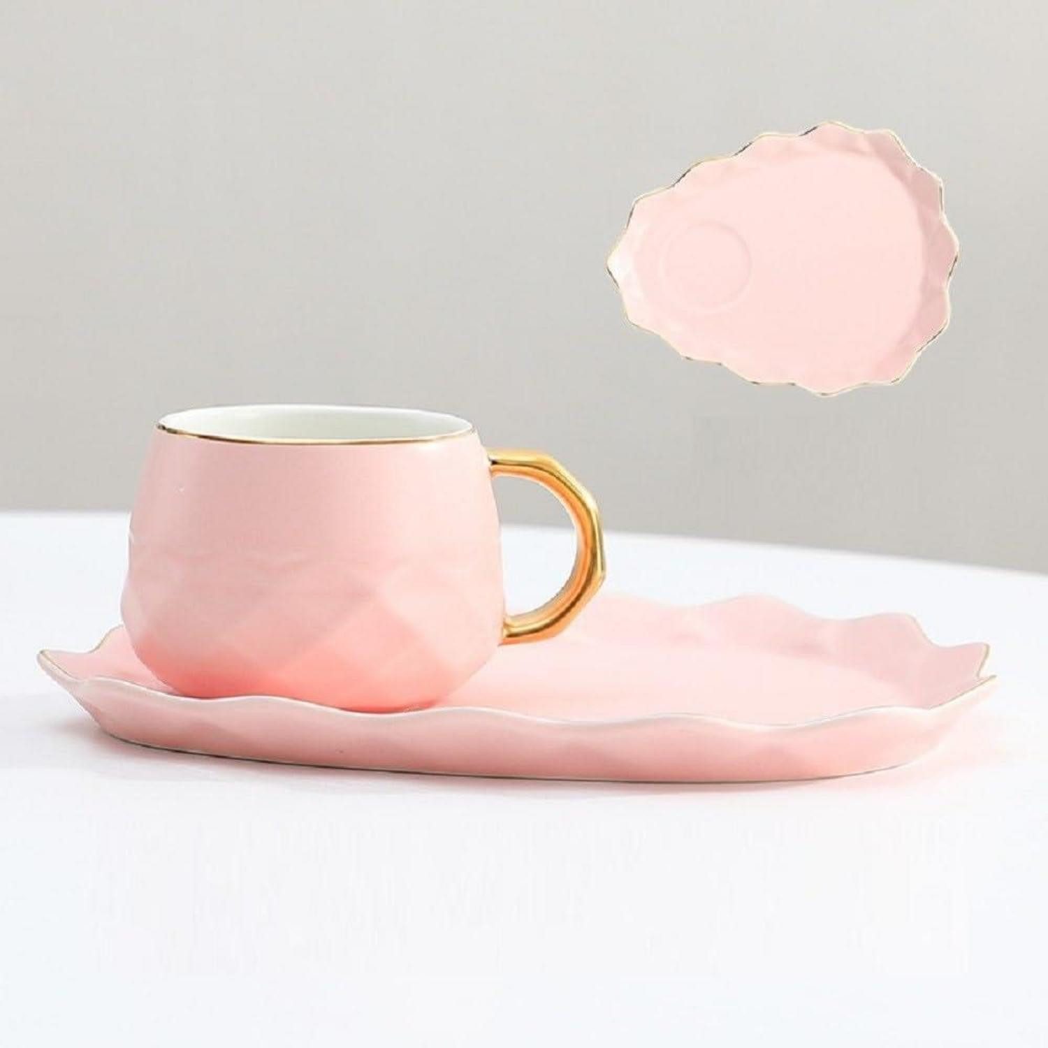 LuxusKollektion Teeservice Espressotasse mit Untertasse & Löffel Rosa Goldrand, Keramik