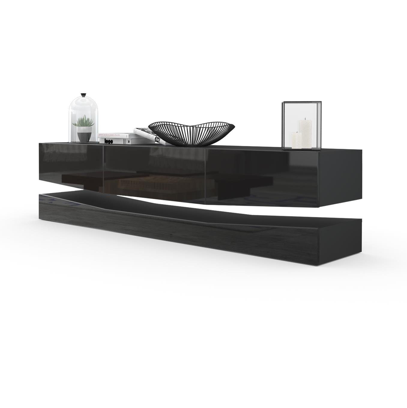 Vladon Lowboard City (TV-Kommode mit Sockelelement, 1 offenem Fach und 3 Schubkästen), Schwarz matt/Schwarz Hochglanz (178 x variabel x 39 cm)
