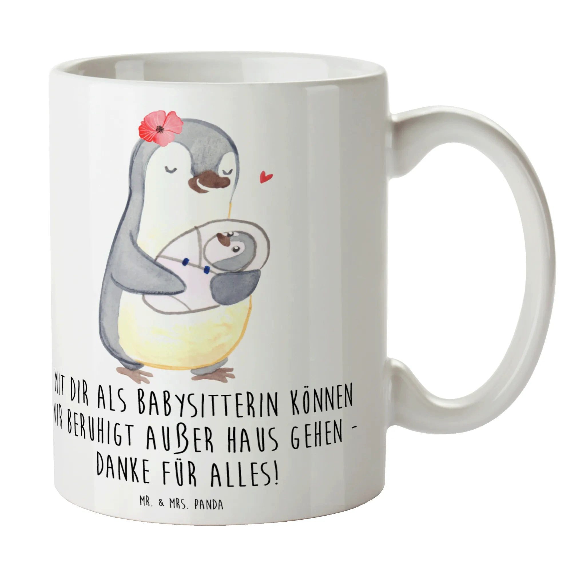 Mr. & Mrs. Panda Tasse Babysitter Dank - Weiß - Geschenk, Fürsorge, handgefertigt, Bürotasse, 1-tlg., Keramik, Charmevolle Illustrationen