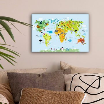 OneMillionCanvasses® Leinwandbild Weltkarte - Kinder - Tiere - Natur - Jungen - Mädchen, (1 St), Wandbild Leinwandbilder, Aufhängefertig, Wanddeko, 30x20 cm