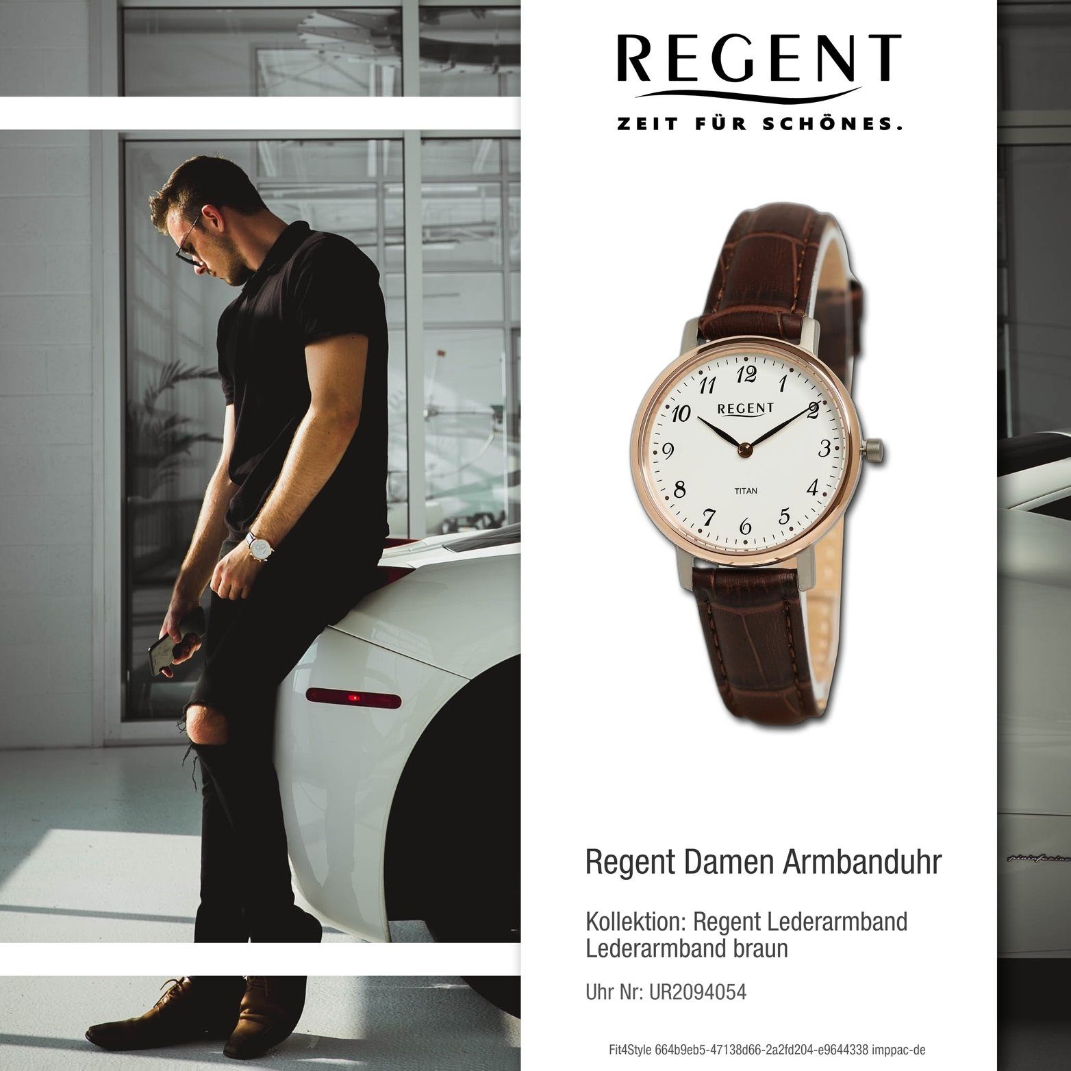 Regent Damenuhr (ca. Lederarmband extra Damen Gehäuse, braun, 31mm) Quarzuhr groß Analog, Regent rundes Armbanduhr