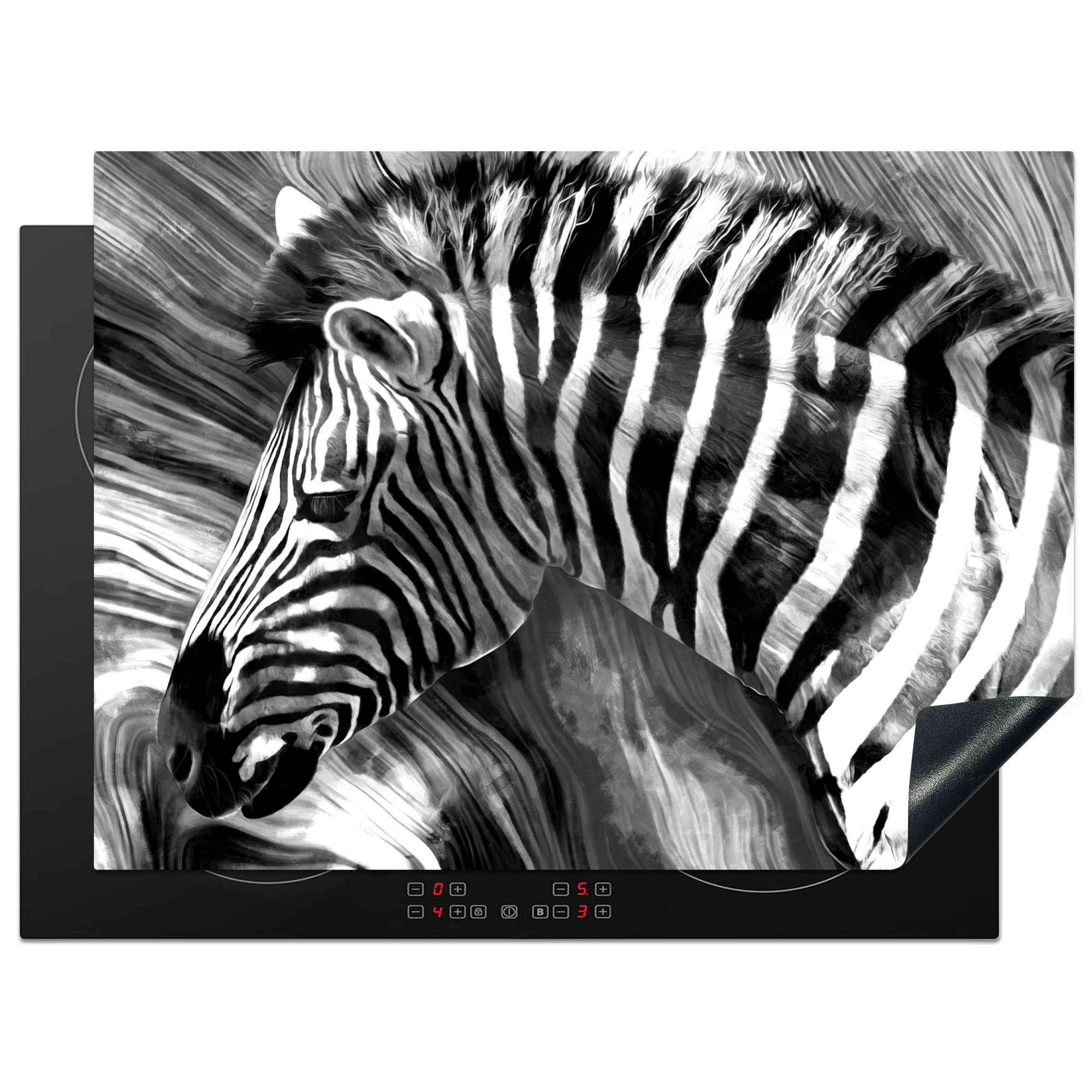 MuchoWow Herdblende-/Abdeckplatte Gemälde - cm, 70x52 Weiß, Vinyl, (1 Arbeitsfläche Ölfarbe Mobile Ceranfeldabdeckung - tlg), nutzbar, Schwarz Tiere - - Zebra 