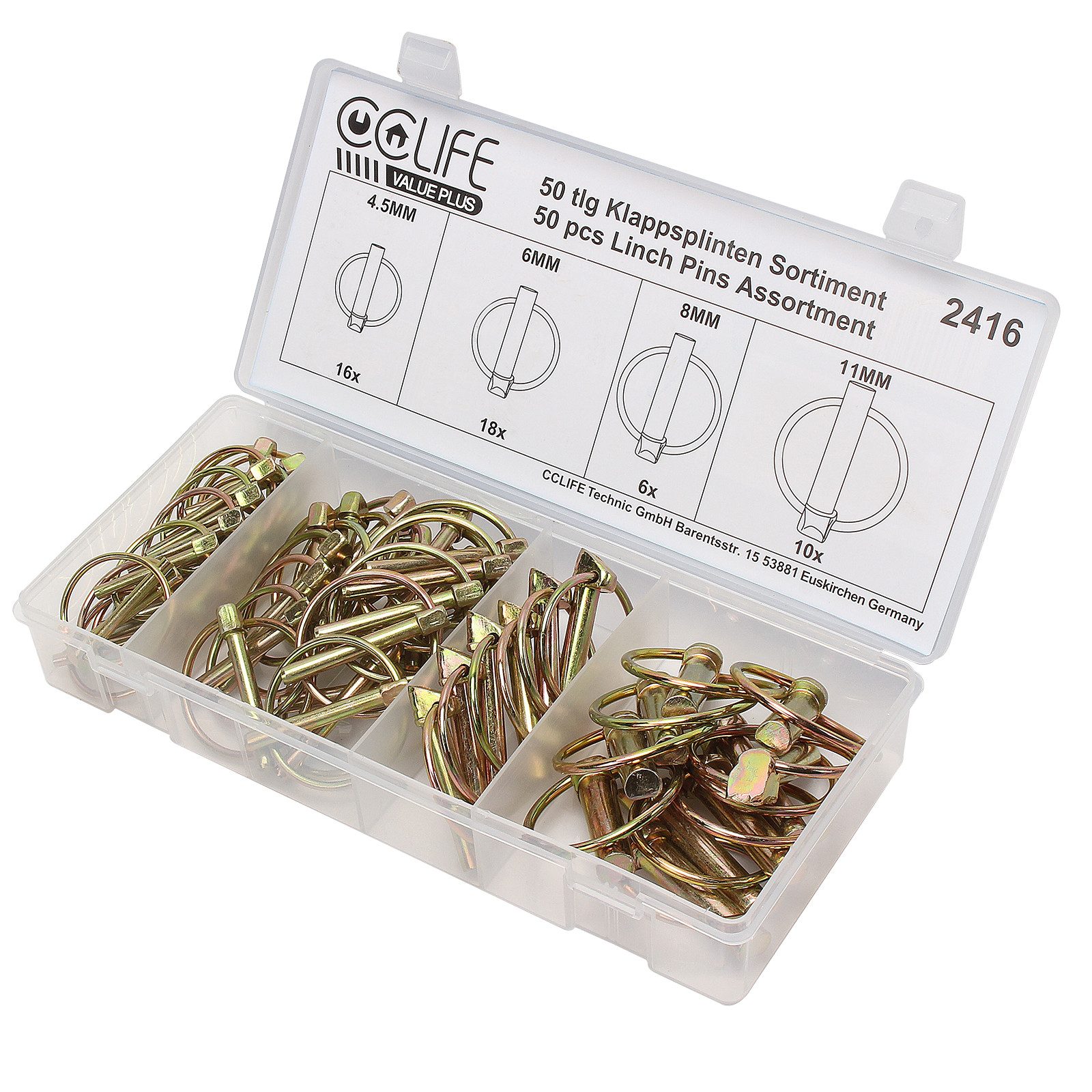 CCLIFE Klappsplint Klappstecker 50 tlg Klappsplinte Sortiment Bolzen 4,5-6-8-11mm, (Packung, 50-tlg)