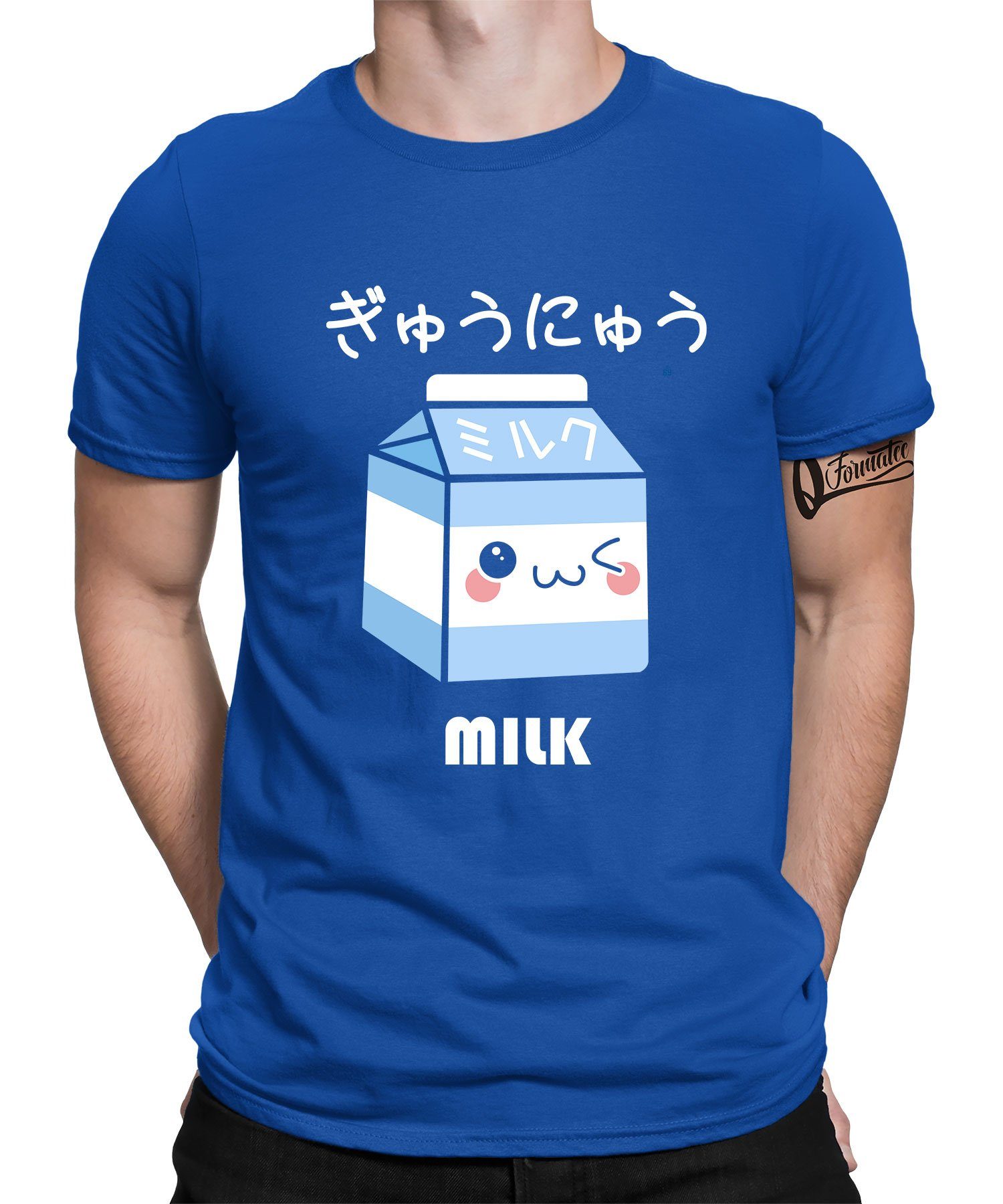 Anime (1-tlg) Formatee T-Shirt - Quattro Japan Blau Herren Kurzarmshirt Ästhetik Milk