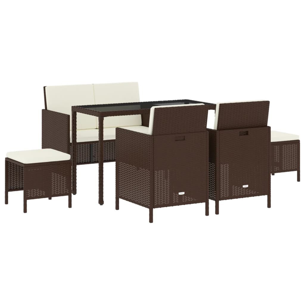 vidaXL Schreibtisch, 6-tlg. Garten-Essgruppe mit Kissen Braun Poly Rattan