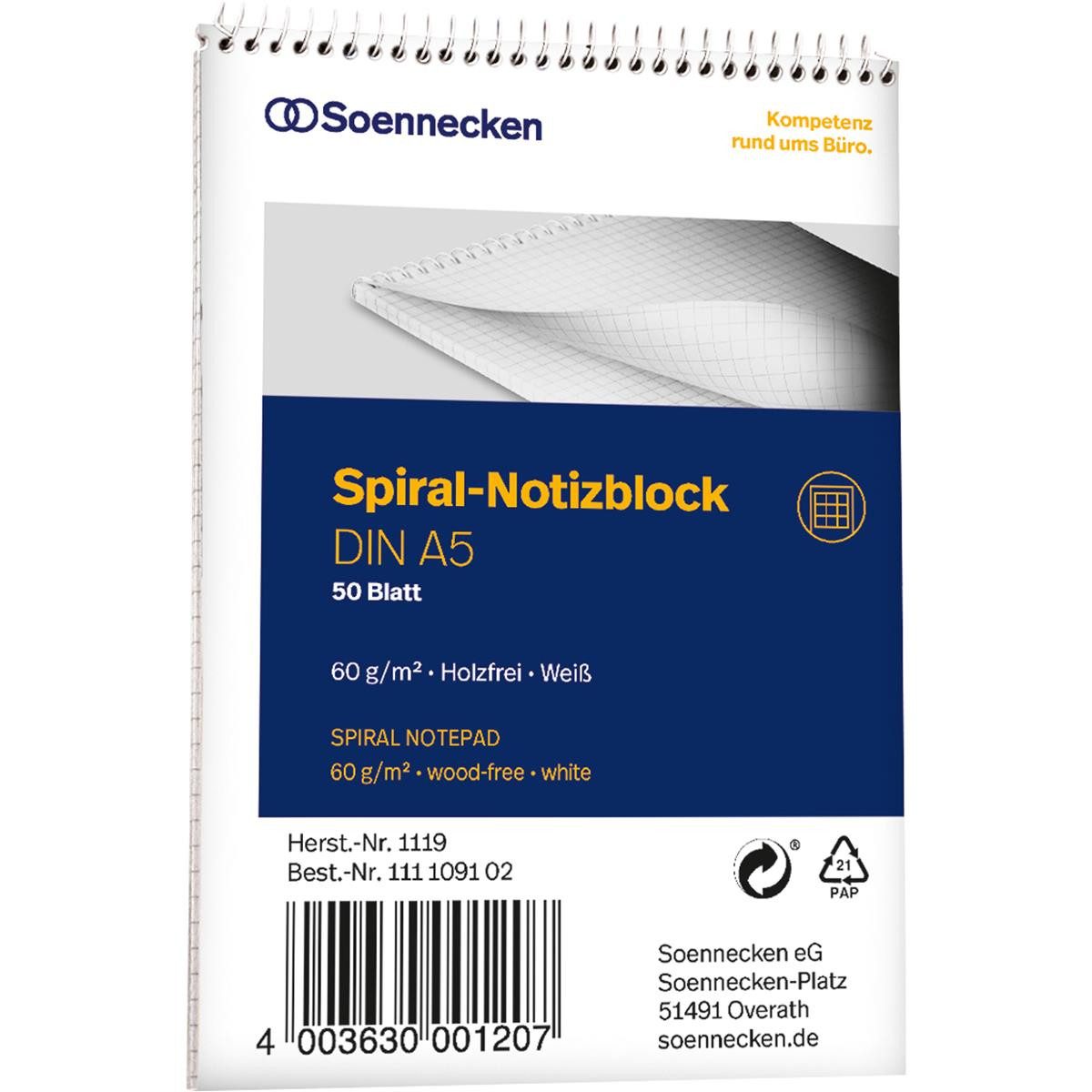 Soennecken Notizblock Soennecken Notizblock 1119 DIN A5 60g kariert 50Blatt weiß