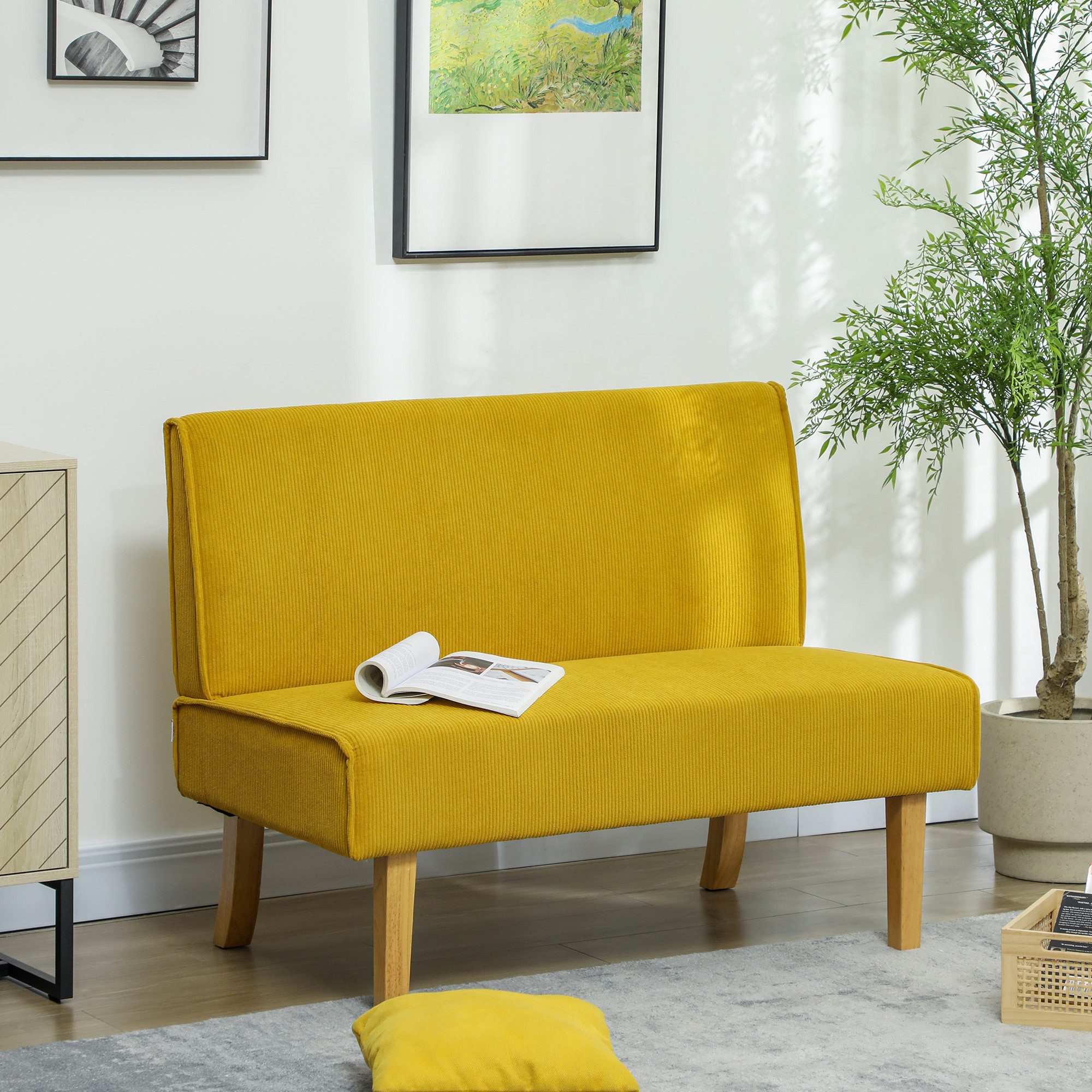 HOMCOM 2-Sitzer Sofa, Couch mit Cord-Optik, Holzbeine, Gepolsterter Polstersofa, 1 Teile, für Schlafzimmer, Wohnzimmer, 110 x 62 x 85 cm, Gelb