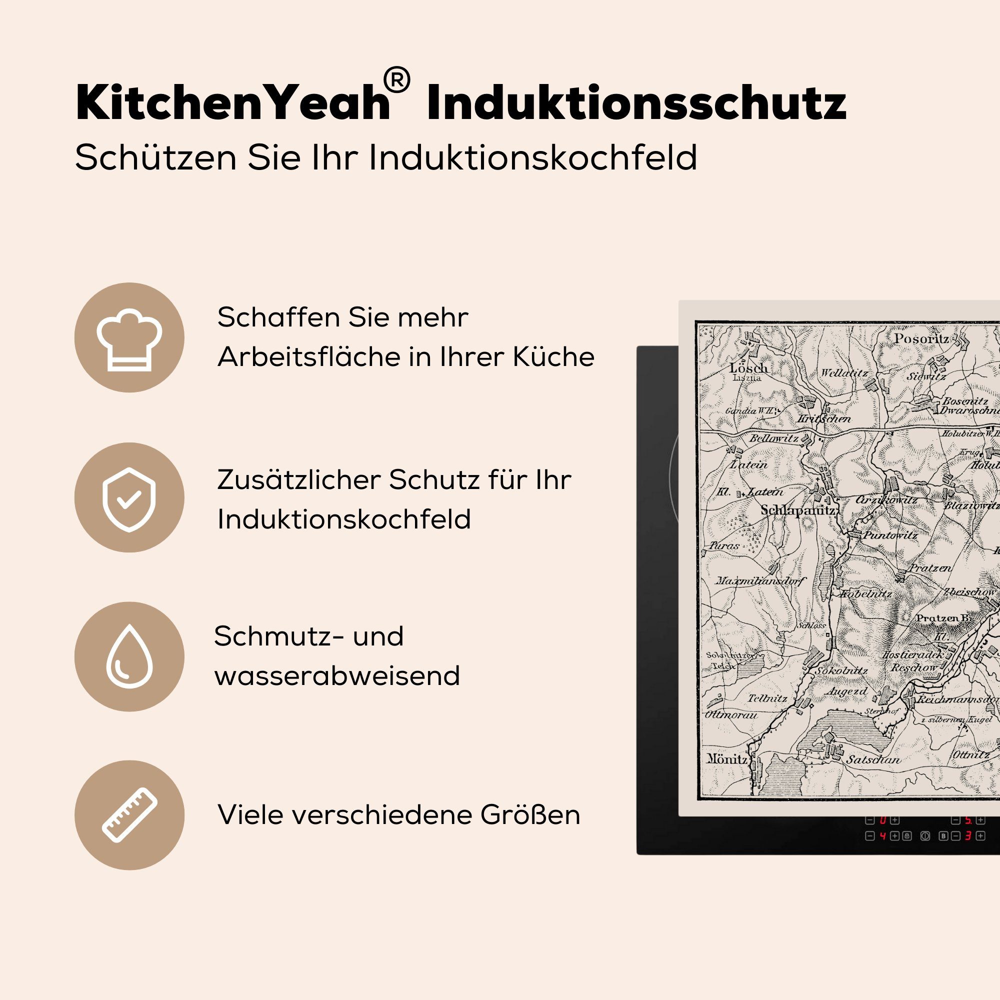 MuchoWow Herdblende-/Abdeckplatte Illustrierte Karte Vinyl, 60x52 cm, der Schlacht Arbeitsfläche von Austerlitz, Mobile Ceranfeldabdeckung (1 nutzbar, tlg)