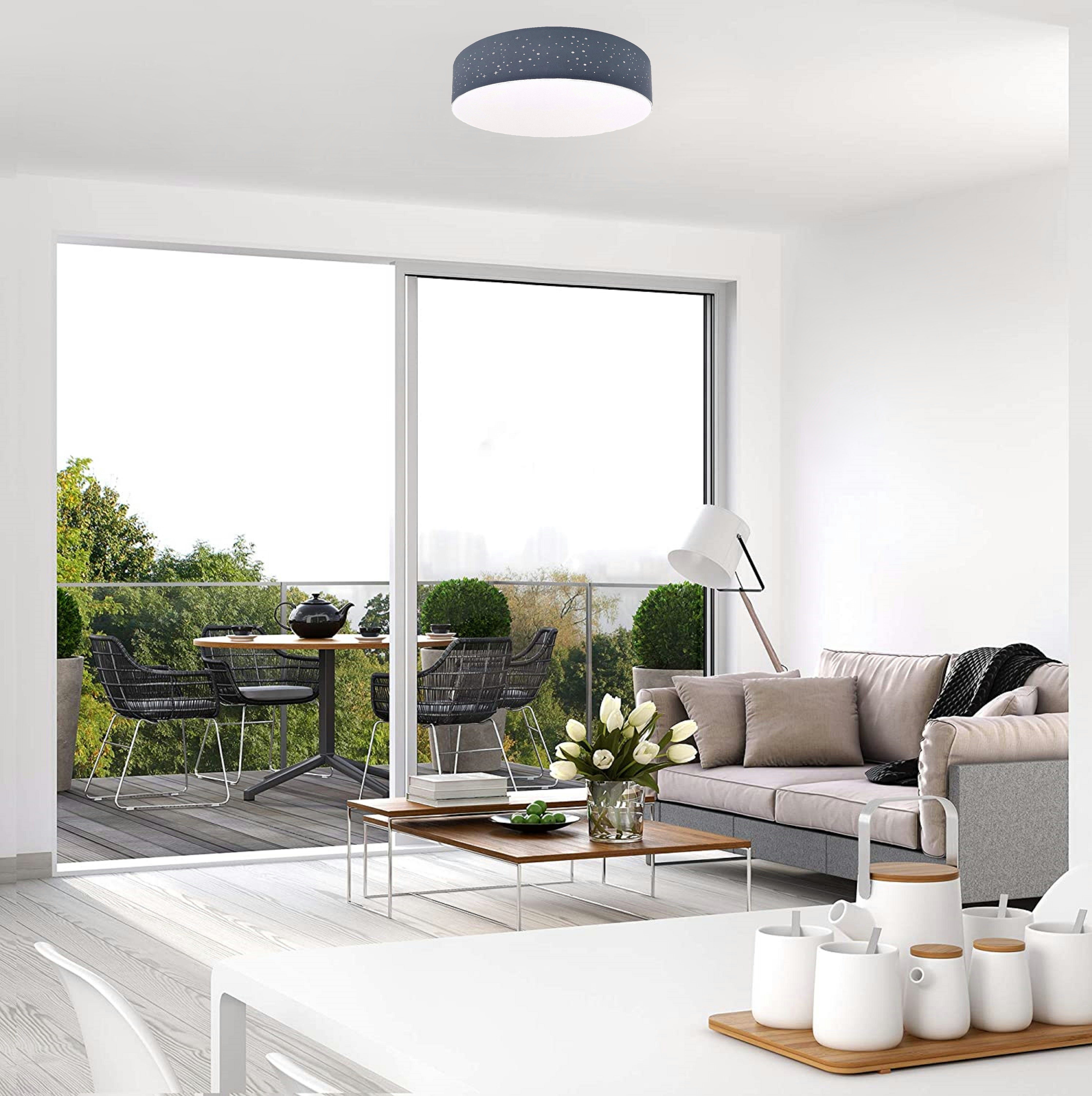 TRANGO LED Deckenleuchte, 3135 Deckenstrahler mit 38cm Ø Sternenhimmel Stoffschirm in *GRAU* rund inkl. 2x E27 Lampenfassung für LED (ohne Leuchtmittel) für Wohnzimmer, Schlafzimmer Flur Gästezimmer Deckenlampe Schlafzimmerlampe, Bürolampe