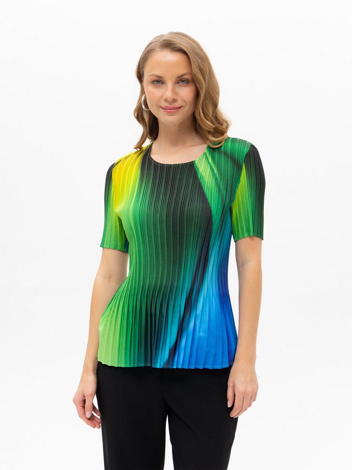 Passioni Plisseeshirt in grün und blau mit kurzen Ärmeln Sommershirt mit Plissé in Grün, Blau und Gelb