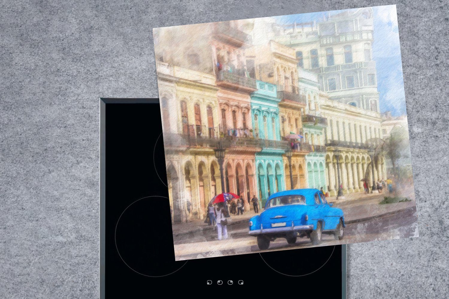 MuchoWow Herdblende-/Abdeckplatte Kuba - Vinyl, 78x78 küche Oldtimer, tlg), (1 - für Arbeitsplatte cm, Ceranfeldabdeckung, Havanna