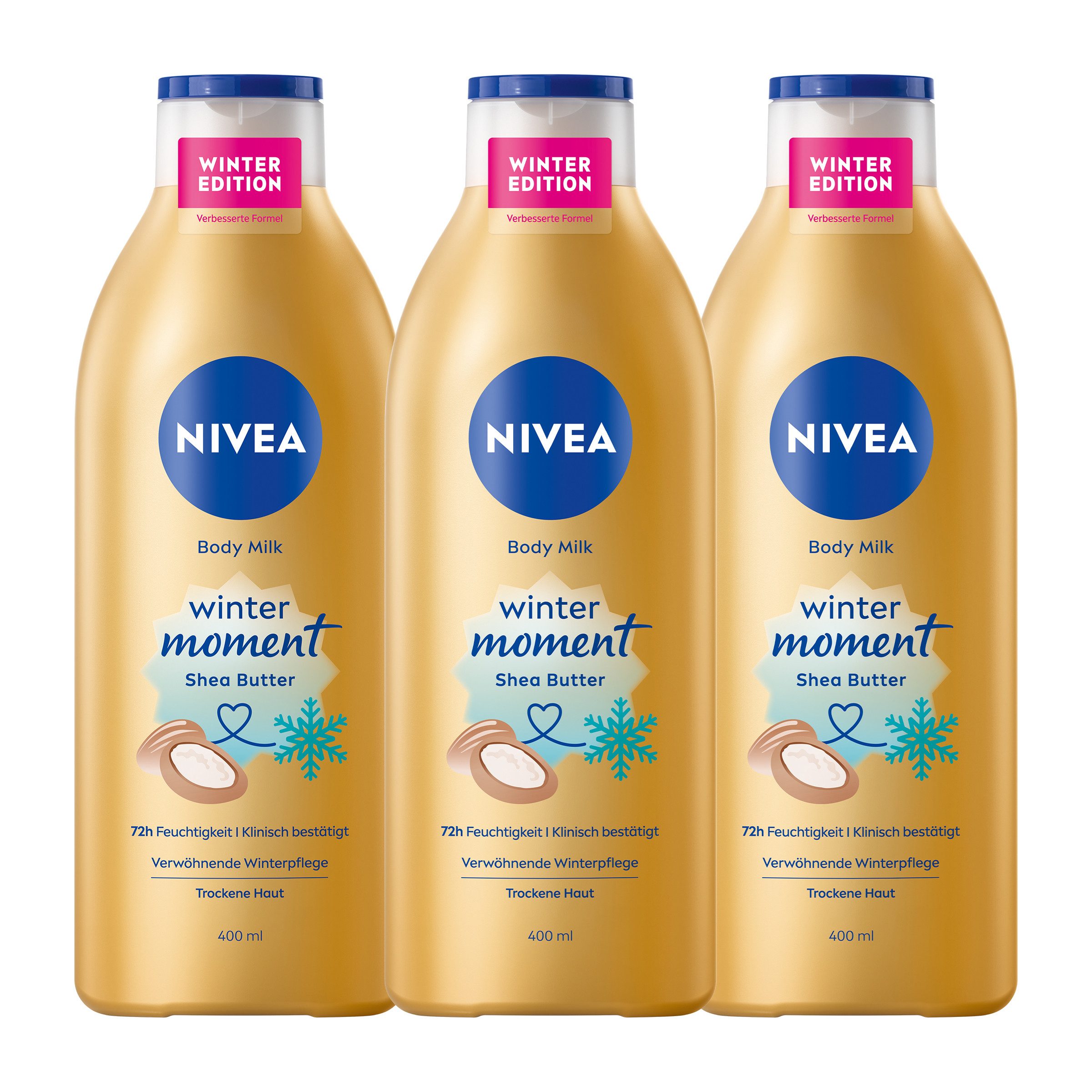 Nivea Bodylotion Limited Edition Winter Moment 3 x 400ml 72h Feuchtigkeit Packung, 3-tlg., Sheabutter