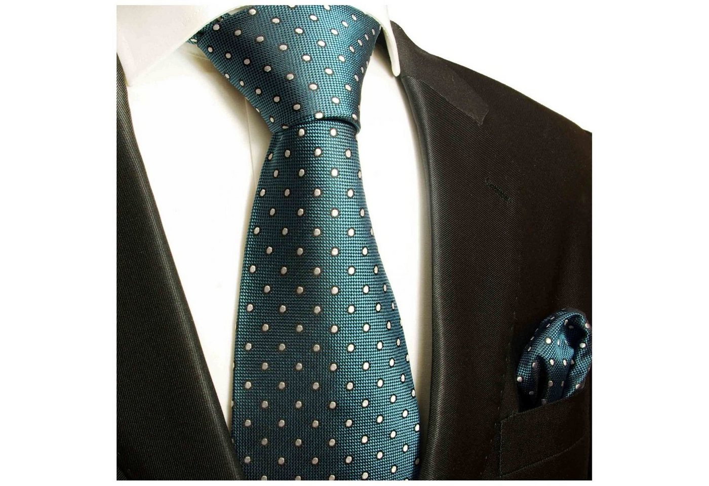 Paul Malone Krawatte Herren Seidenkrawatte und Tuch modern gepunktet 100% Seide (Set, 2-St., Krawatte mit Einstecktuch) Breit (8cm), petrol blau 628