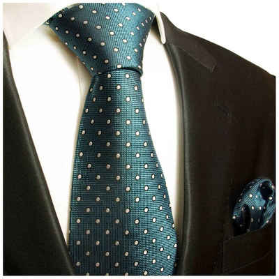 Paul Malone Krawatte Herren Seidenkrawatte und Tuch modern gepunktet 100% Seide (Set, 2-St., Krawatte mit Einstecktuch) Breit (8cm), petrol blau 628