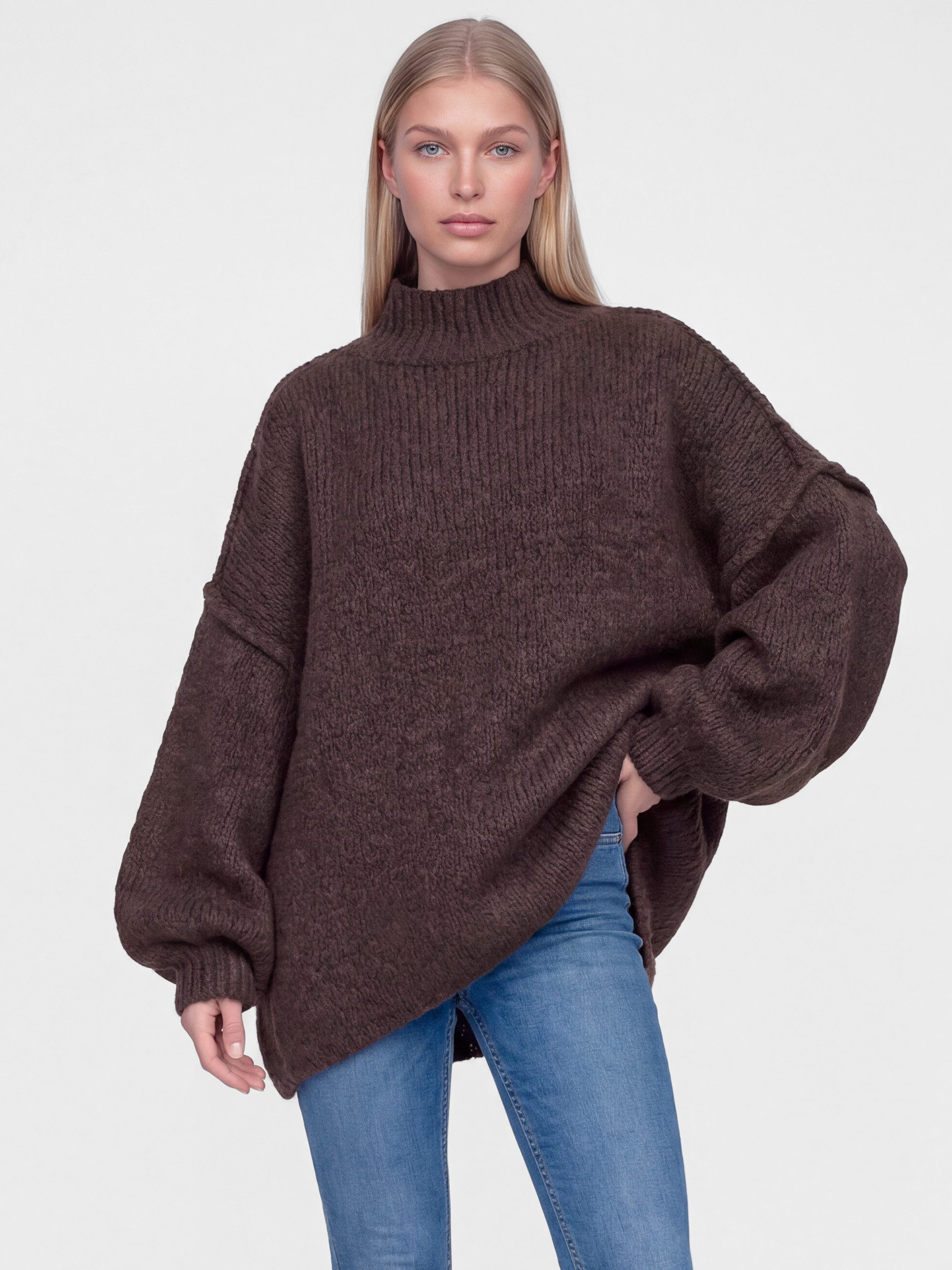 PEKIVESSA Strickpullover Ultra-Oversized Grobstrick-Pullover mit Ziernähten an den Ballonärmeln