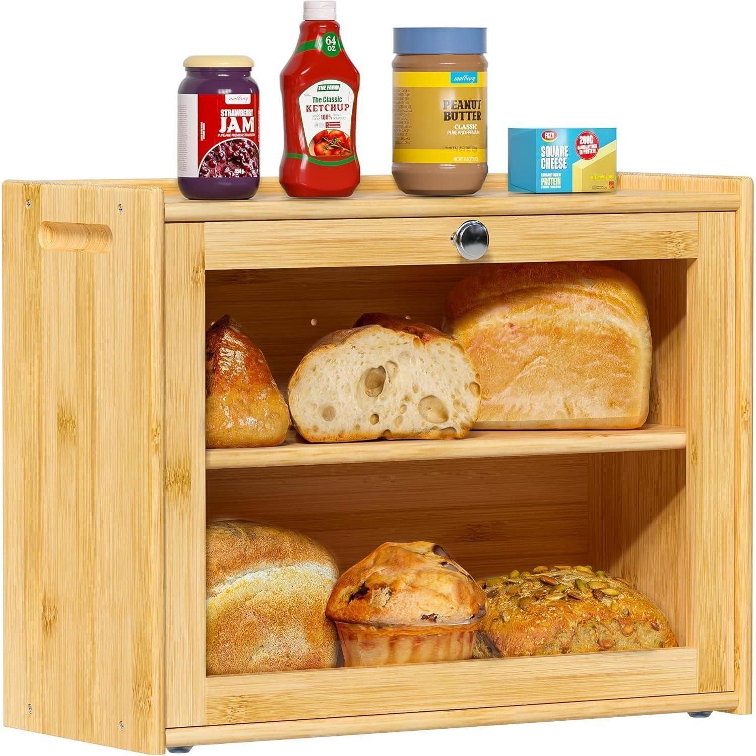 LuxusKollektion Brotkasten Brotkasten Bambus Belüftung 2 Regale Sichtfenster EX-MBX01-2C-YUAN