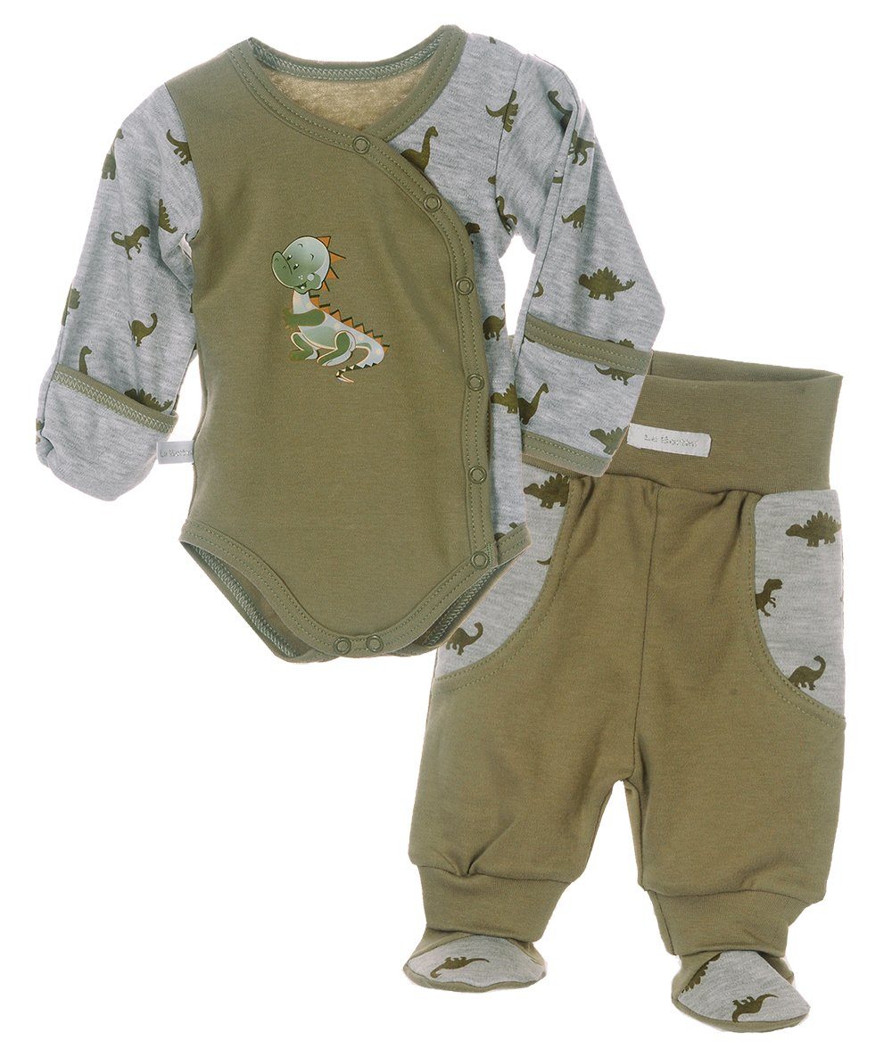 La Bortini Body & Hose Baby Set Wickelbody Schlupfhose Anzug in Khaki mit Dino Muster aus reiner Baumwolle, 44 50 56 62 68 74 80