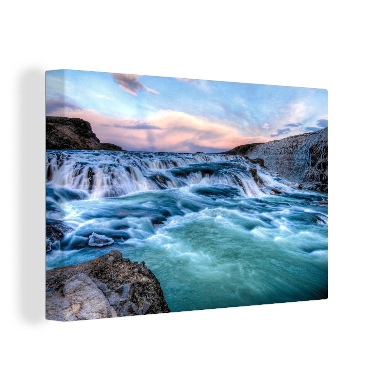 OneMillionCanvasses® Leinwandbild Hellblaue Farbe des Wassers am Gullfoss-Wasserfall, (1 St), Wandbild Leinwandbilder, Aufhängefertig, Wanddeko, 30x20 cm