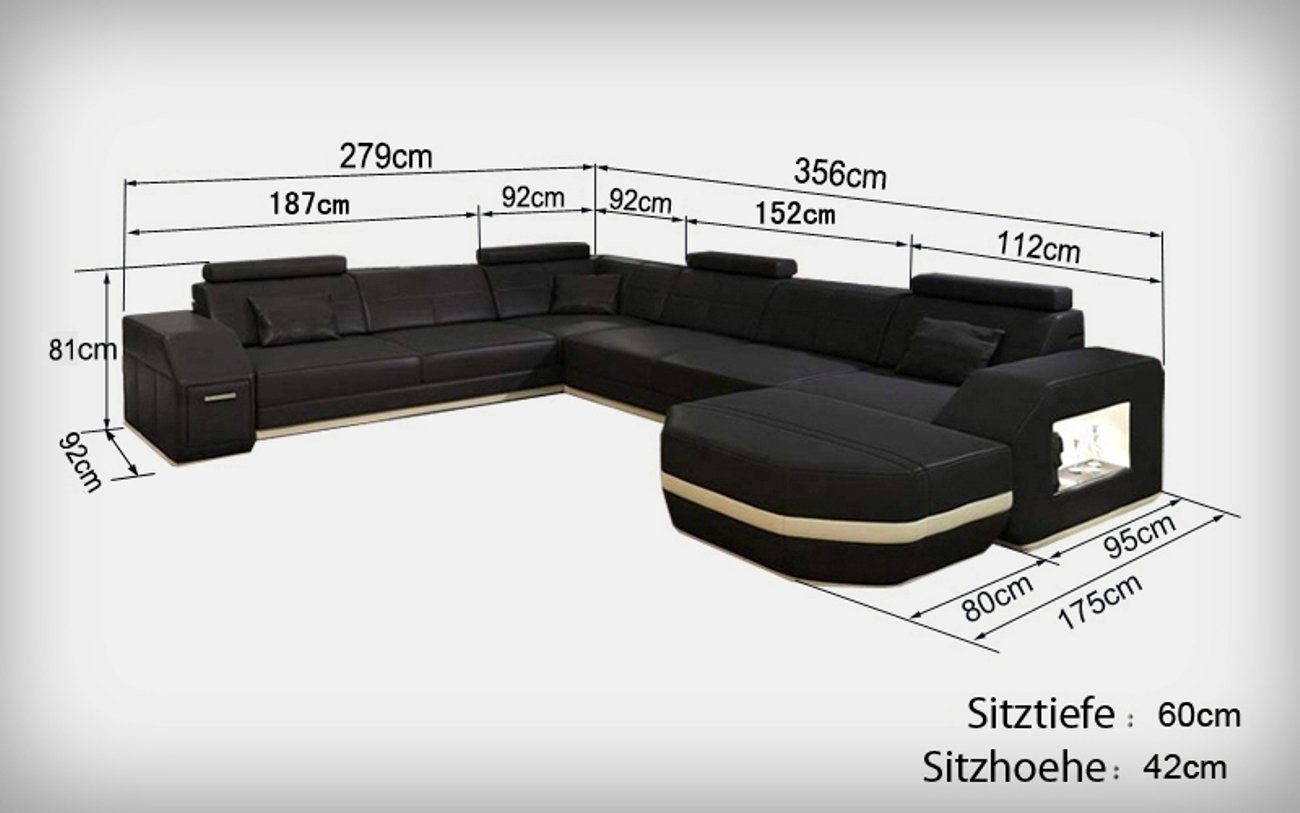 JVmoebel Ecksofa Leder Sofa Couch Eck Sitz Garnitur Wohnlandschaft U Form couchen+USB Schwarz/Weiß