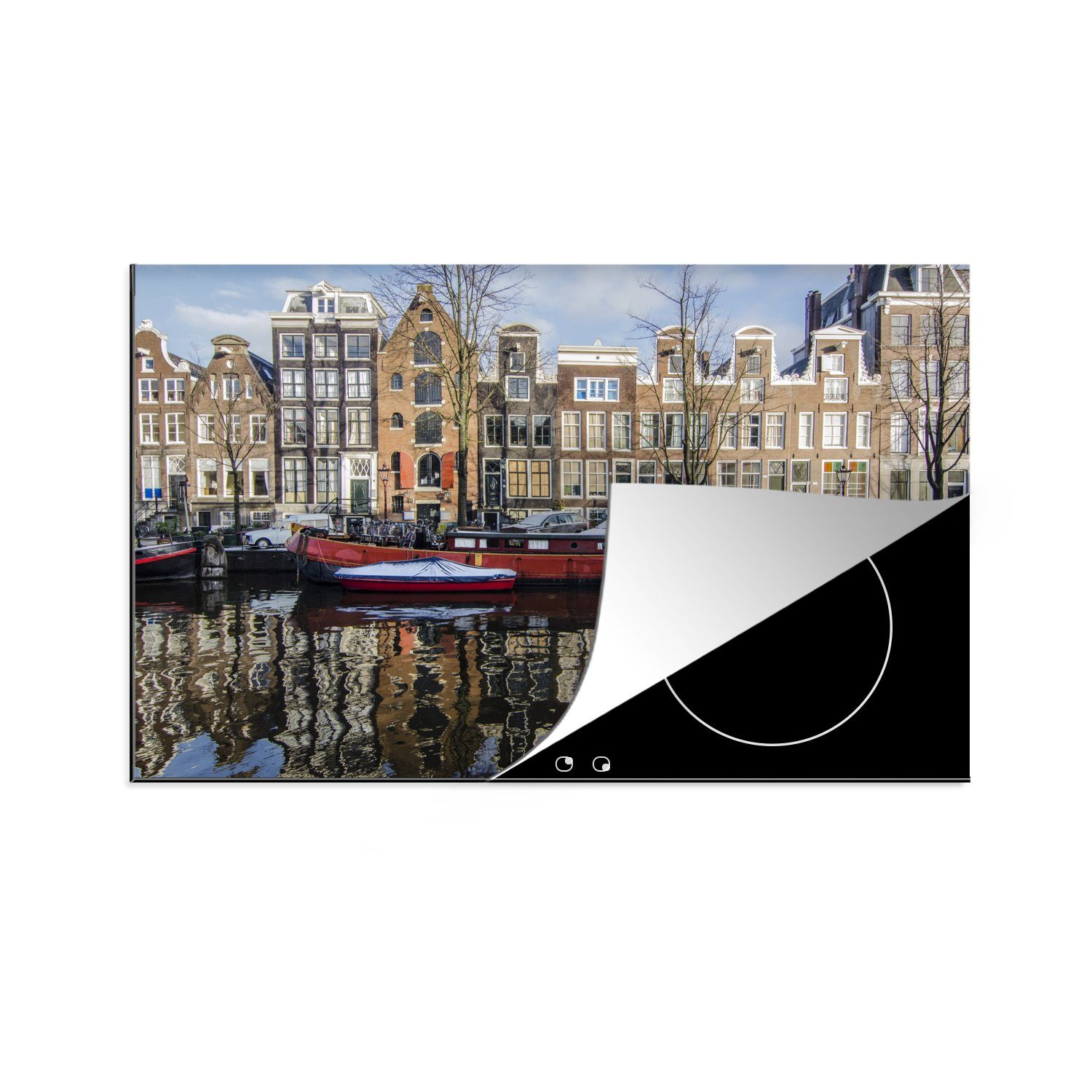 MuchoWow Herdblende-/Abdeckplatte Ein rotes Hausboot in der Gracht von Amsterdam, Vinyl, (1 tlg), 81x52 cm, Induktionskochfeld Schutz für die küche, Ceranfeldabdeckung