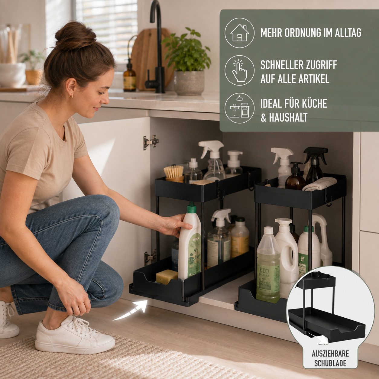 Best for Home Küchenorganizer-Set Küchen Organizer 2er-Set mit ausziehbarer Schublade Schwarz für Küche, (2-teilig, 2-tlg., 2er-Set, ca. 38×20×33 cm pro Einheit – Bild 4 von 5