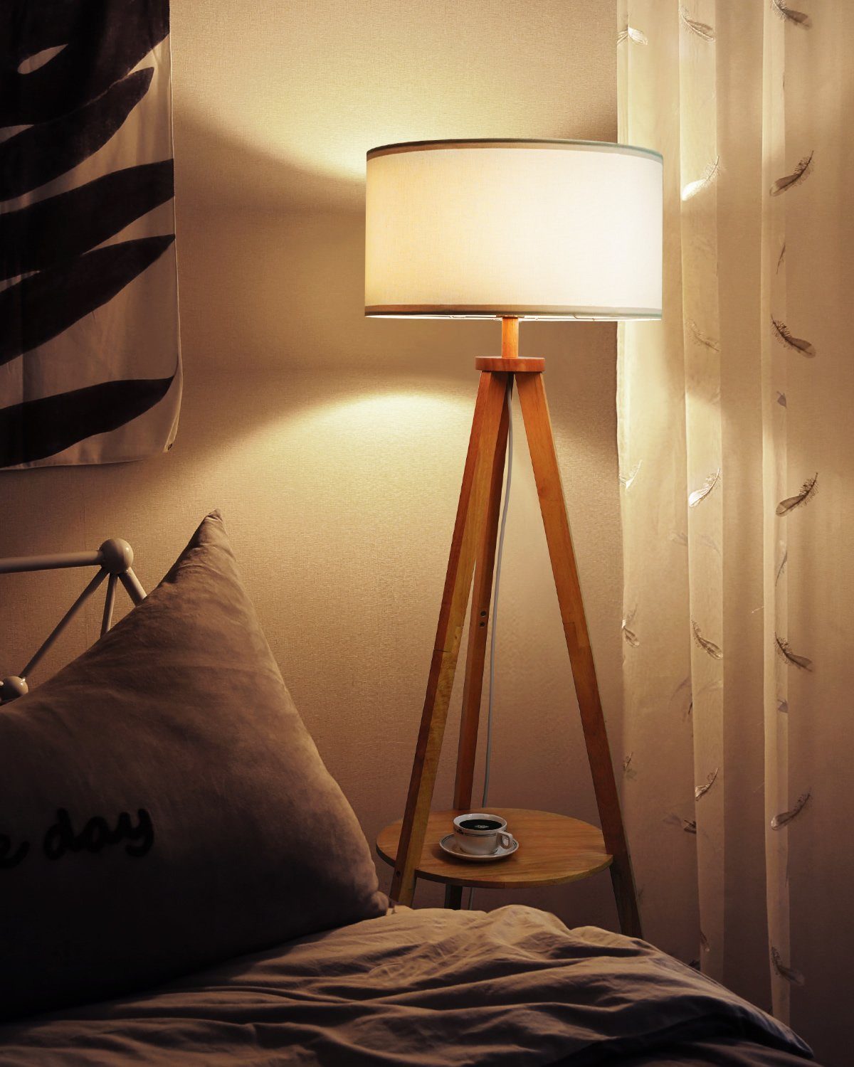 Tomons Stehlampe Stativ aus Holz, Stehleuchte mit Ablage und E27 Glühbirne