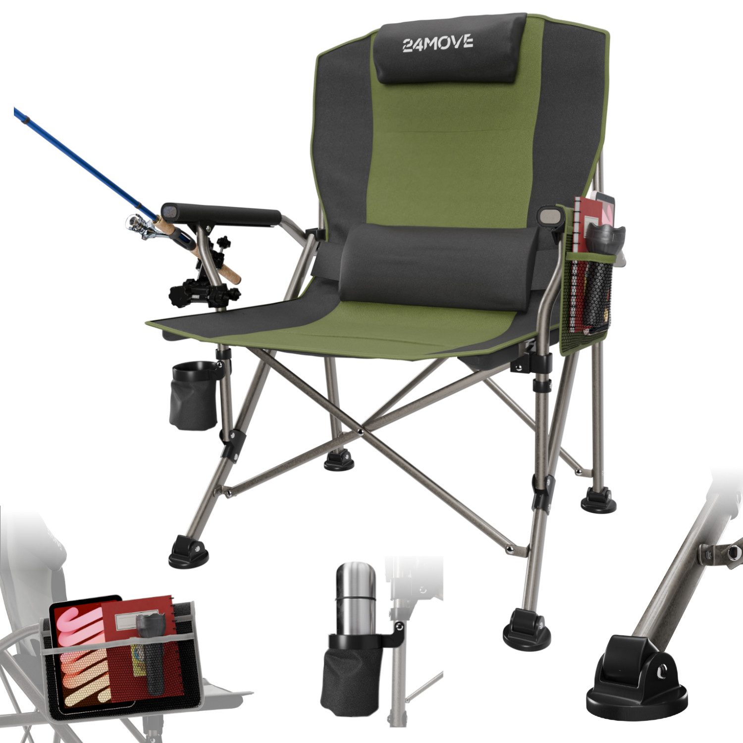 24Move Angelstuhl Campingstuhl Anglerstuhl faltbar inkl. Tragetasche, bis 150kg, inkl. Universalhalter und Getränkehalter, grün