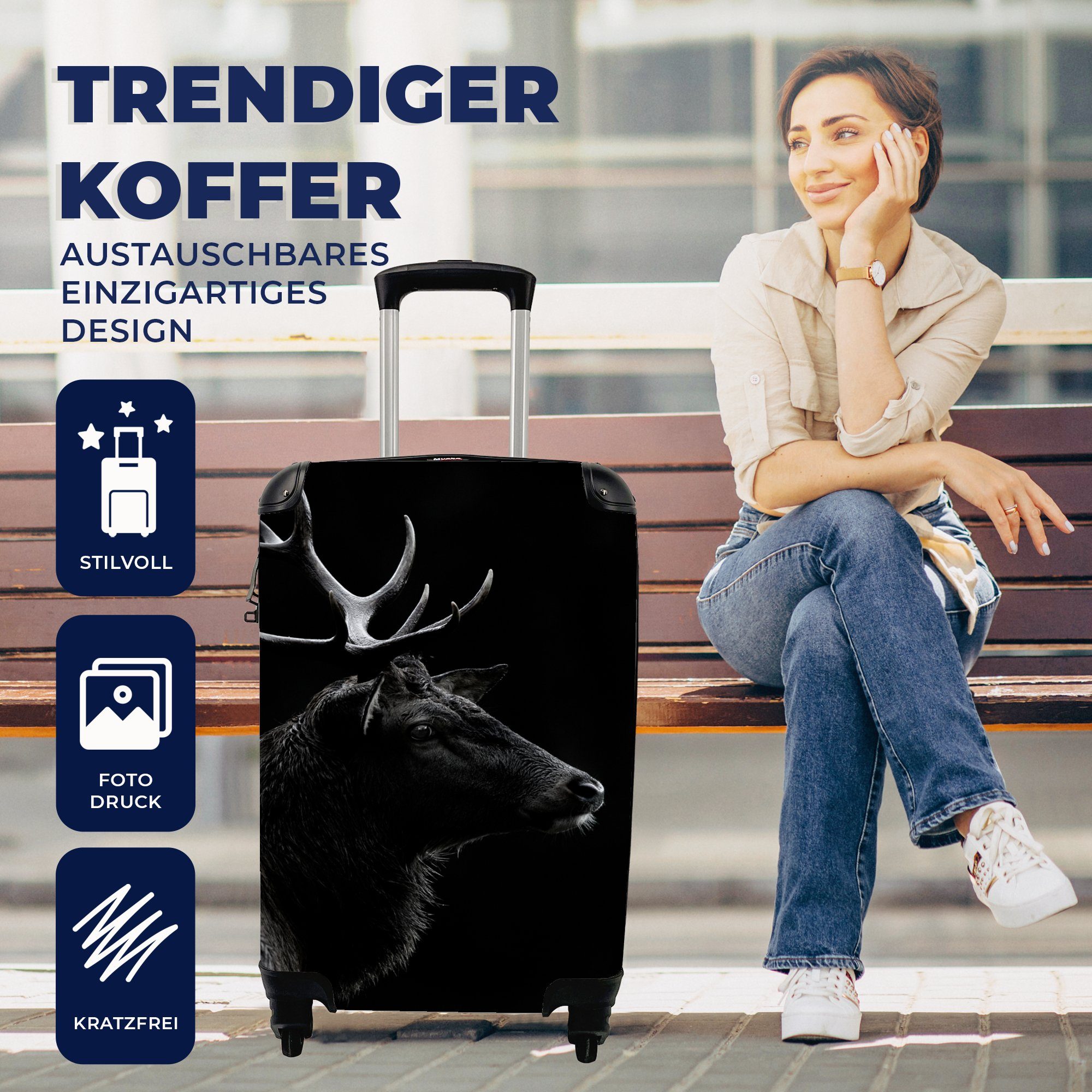 Porträt rollen, - MuchoWow - Schwarz Hirsch Trolley, Handgepäckkoffer - - Handgepäck Rollen, für Geweih Reisetasche mit Ferien, Reisekoffer 4 Tiere,